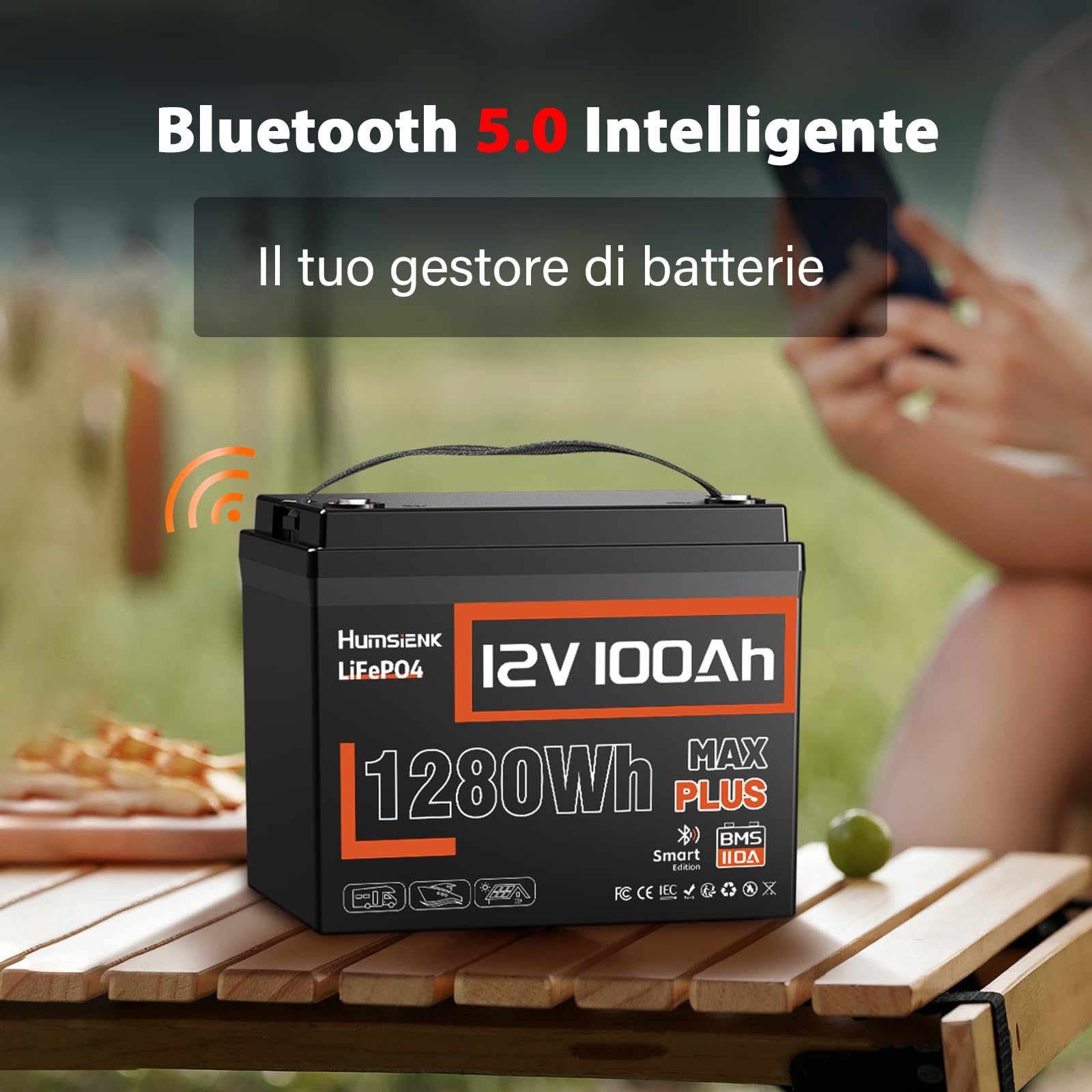 Humsienk LiFePO4 Bluetooth 12V 100Ah con caricabatterie 14.6V 20 A, batteria al litio 12 V 100 AH con protezione BMS a bassa temperatura per camper, barca, off-grid