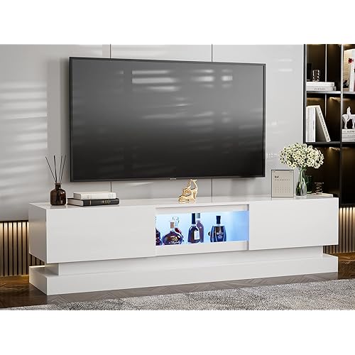 IKIFLY Modern LED TV Stand for 85+ inch TV, White Entertainment Center with LED Lights and Storage Cabinets, High Glossy Media Console for Living Room Bedroom