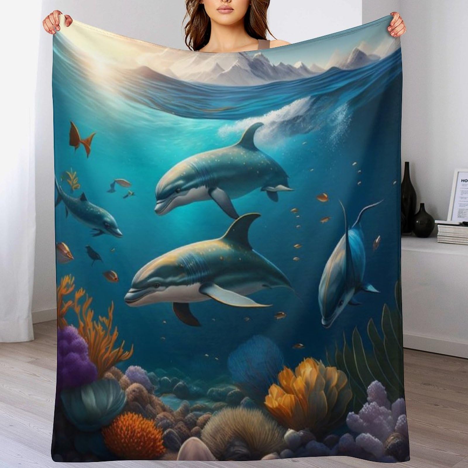 Couverture plaid dauphin en flanelle de 180x200 cm douce pour lit toutes saisons