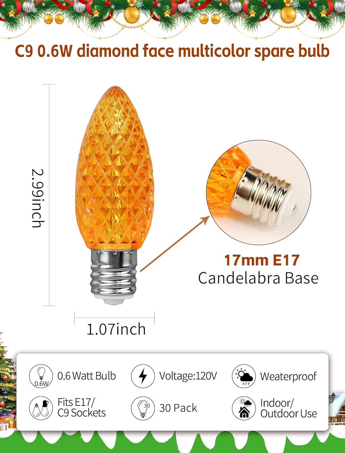 C9 LED Replacement Bulbs, Multicolor 30-Pack - Diamond Faceted Transparent, Shatterproof Christmas Lights, Vibrant Jewel-Toned Colors for Outdoor String Lights, E17 Base