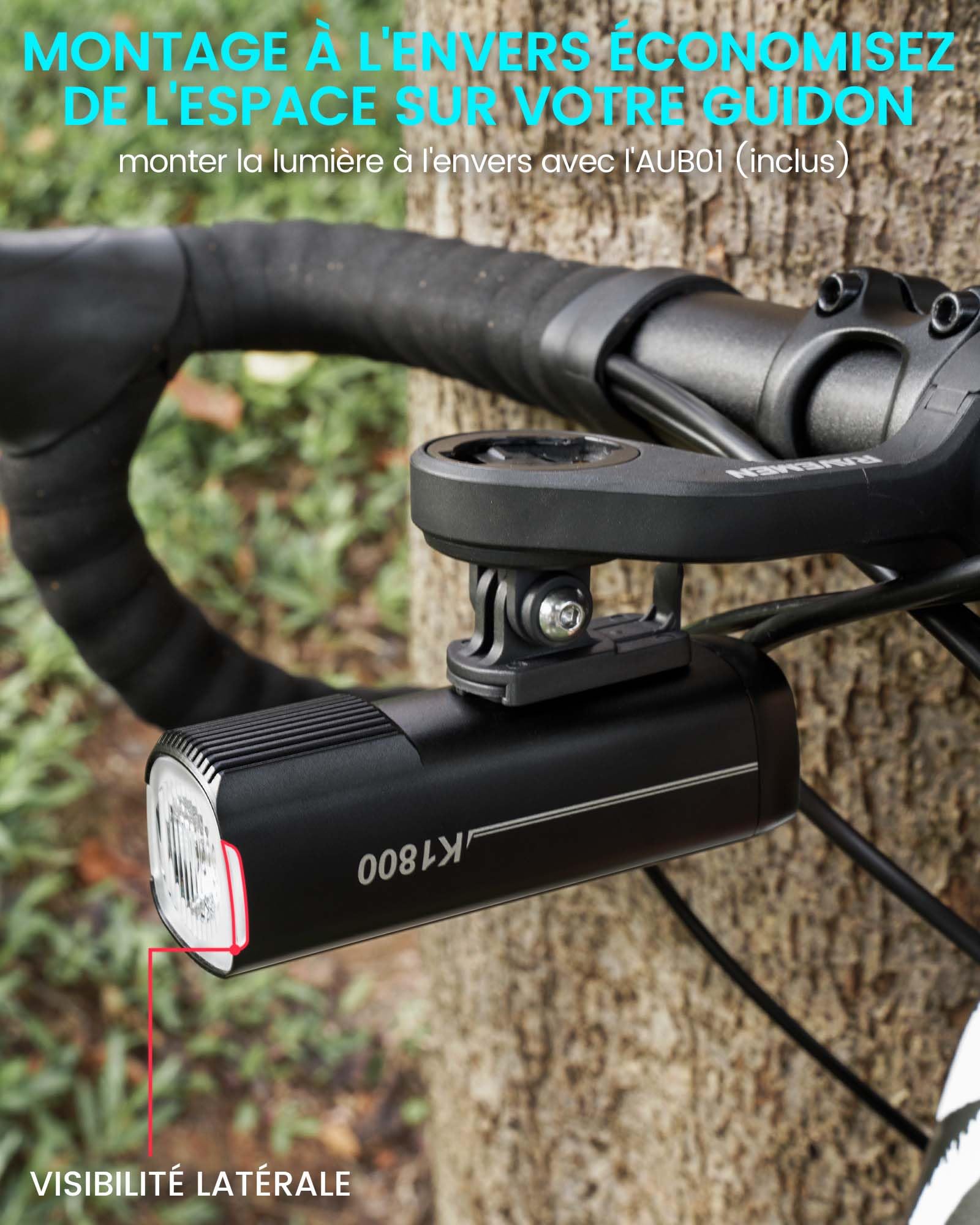 RAVEMEN 1800 Lumens Intelligente Phare Avant pour Vélo, K1800 Mode de Conduite Intelligent de Nuit et de Jour, Chargement et Déchargement USB-C IPX7