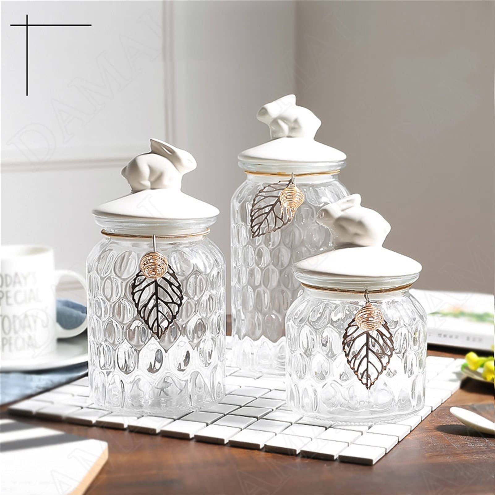 Botes para Alimentos Tarro de vidrio con tapa de almacenamiento Jar Conejo Caramelo Jarras Mesa de centro Tea Caddy Grano Dispensador Decoración del hogar Organizador de cristal Tanque de té Sellado B