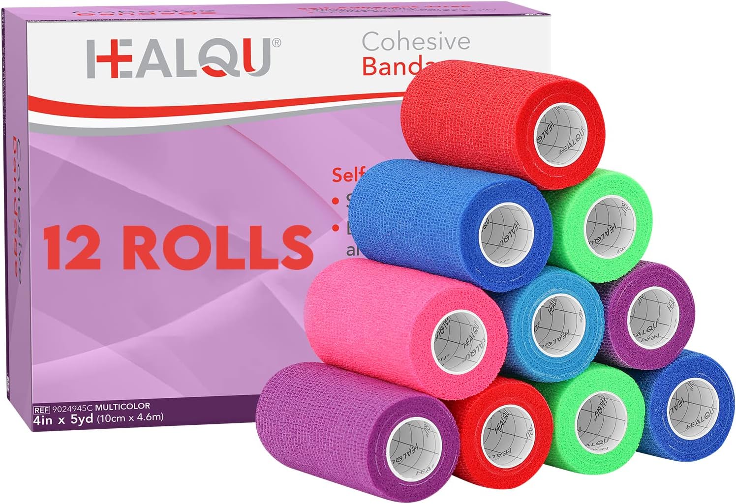 HEALQU Self Adhesive Bandage Wrap Cohesive Tape for Athletic and Sports 4”x5yd, 12 Rolls