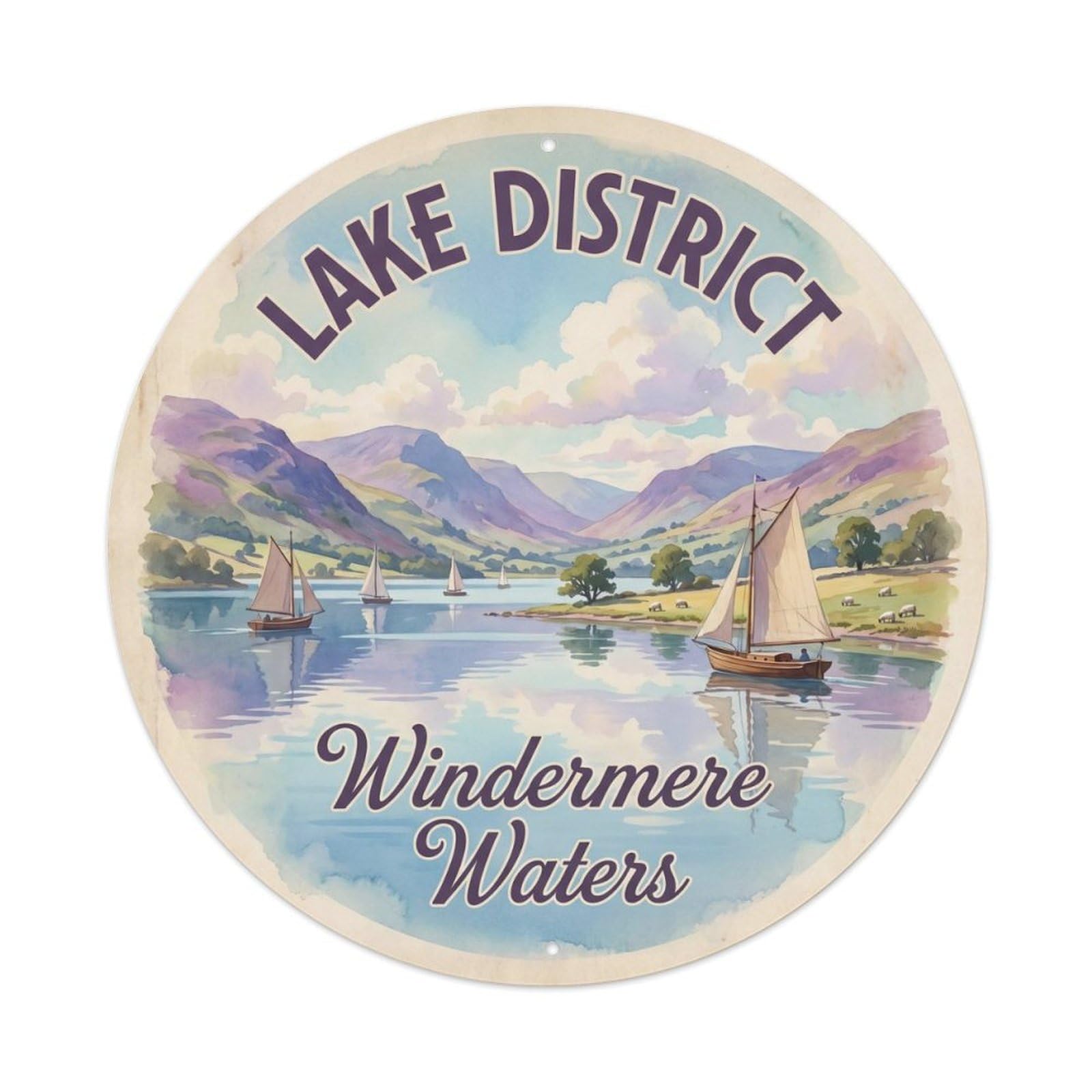 Vintage Travel Windermere Lake District Metal Tin Sign Plaque Wall Decor for Cafe, Club Bar, Office, Home Garden Round Metal Poster 8x8Inch
