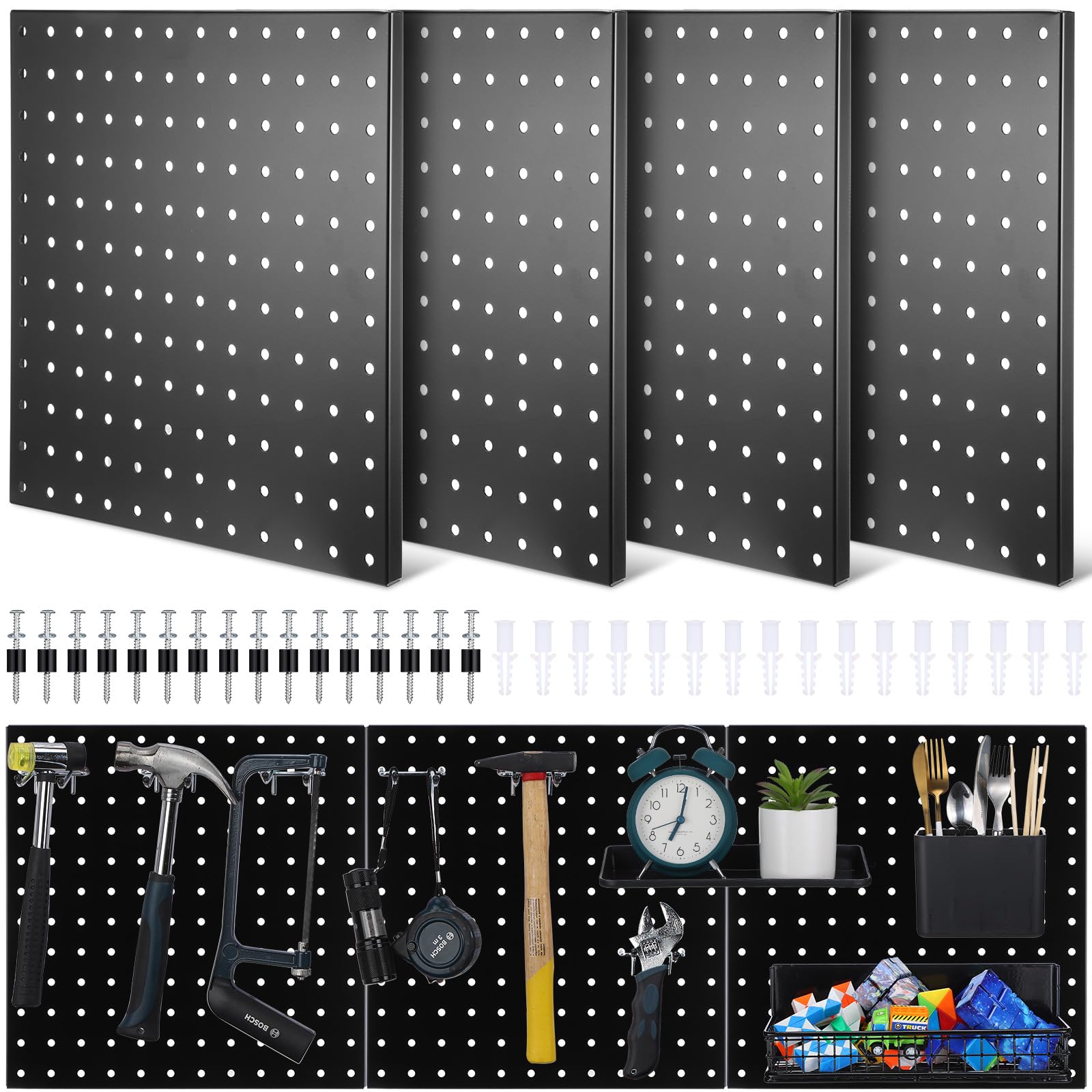 Therwen 4 Pieces Pegboard Wall Organizer Kit Metal Peg Board Walls Mount Display Panels Storage Rack Pegboard Accessories for Garage Craft Workshop Room Kitchen Bathroom Office (Black,12 x 12 Inch)