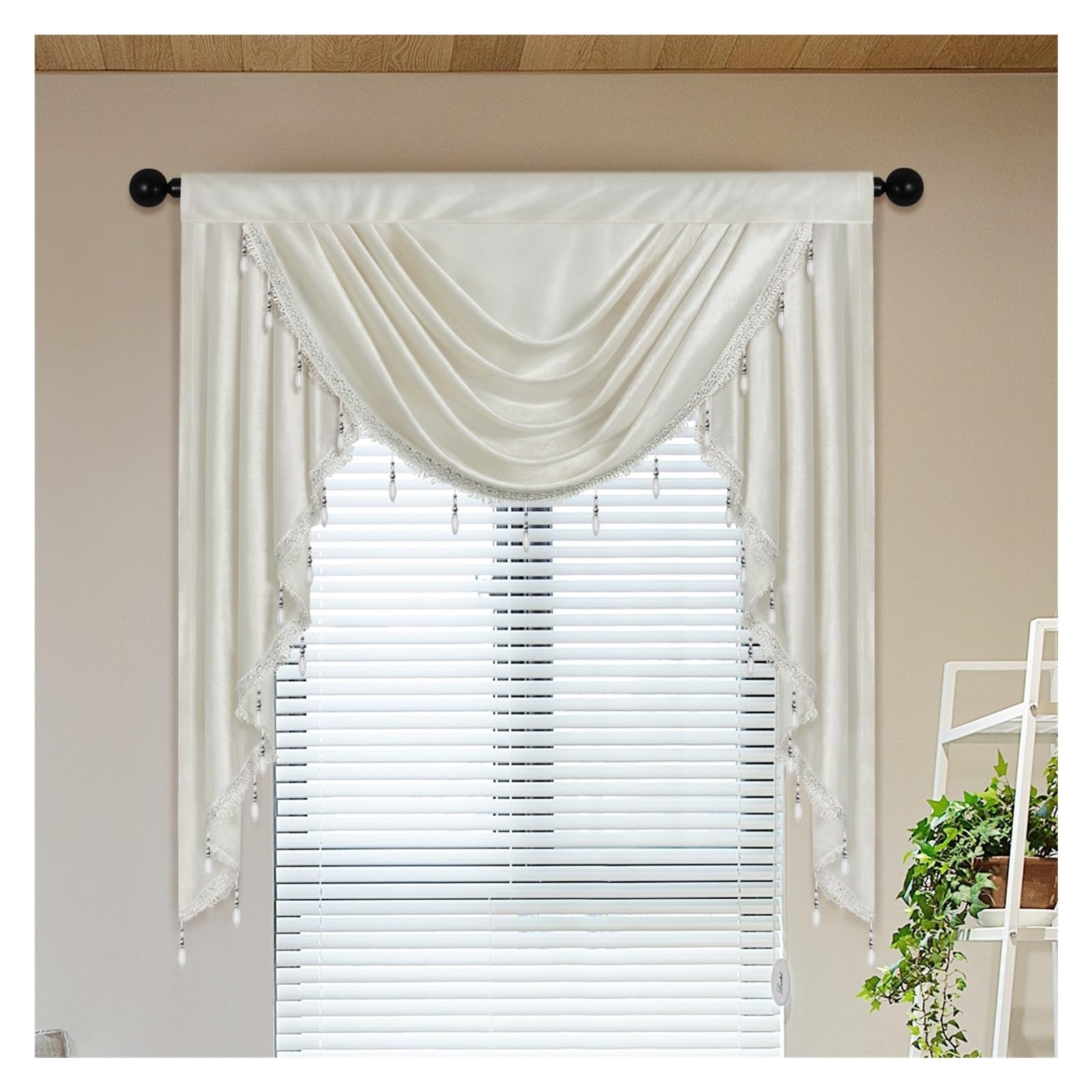 SparklWLeaf Beaded Triangle Curtain 1 PC Waterfall Valance for the Living Room，Swag with Beads Design for Window Decor(Beige)