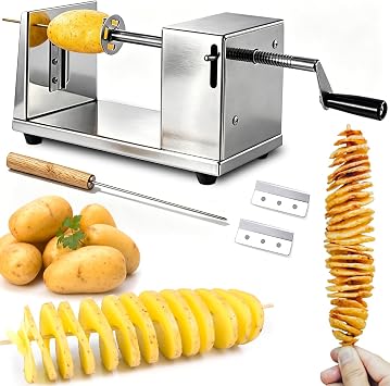 Potato Spiral Cutter, Manual Tornado Potato Spiral Cutter Stainless Steel Curly Fry Cutter Twisted Potato Slicer with Skewers Kitchen Tool for Potatoes, Cucumber, Carrot, BBQ
