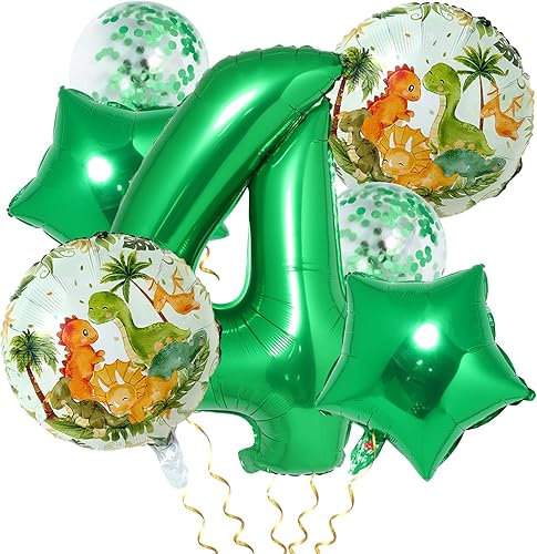 Decoraciones de globos de dinosaurio de 4 cumpleaños para niños, globo verde número 4 para decoraciones de cumpleaños de niños, dinosaurios ranchos,