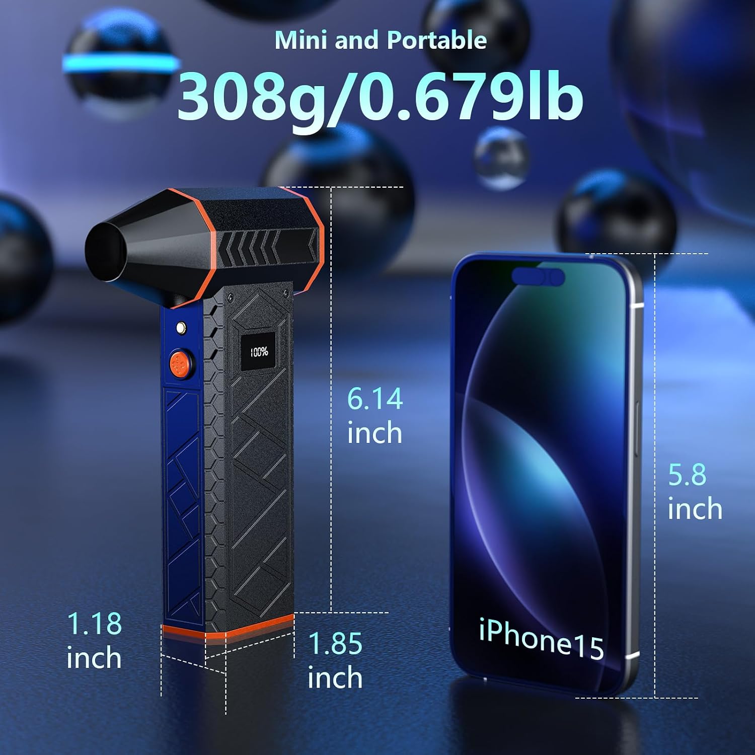 Image showing the compact size of the DEGGE air duster compared to an iPhone 15, with dimensions listed.