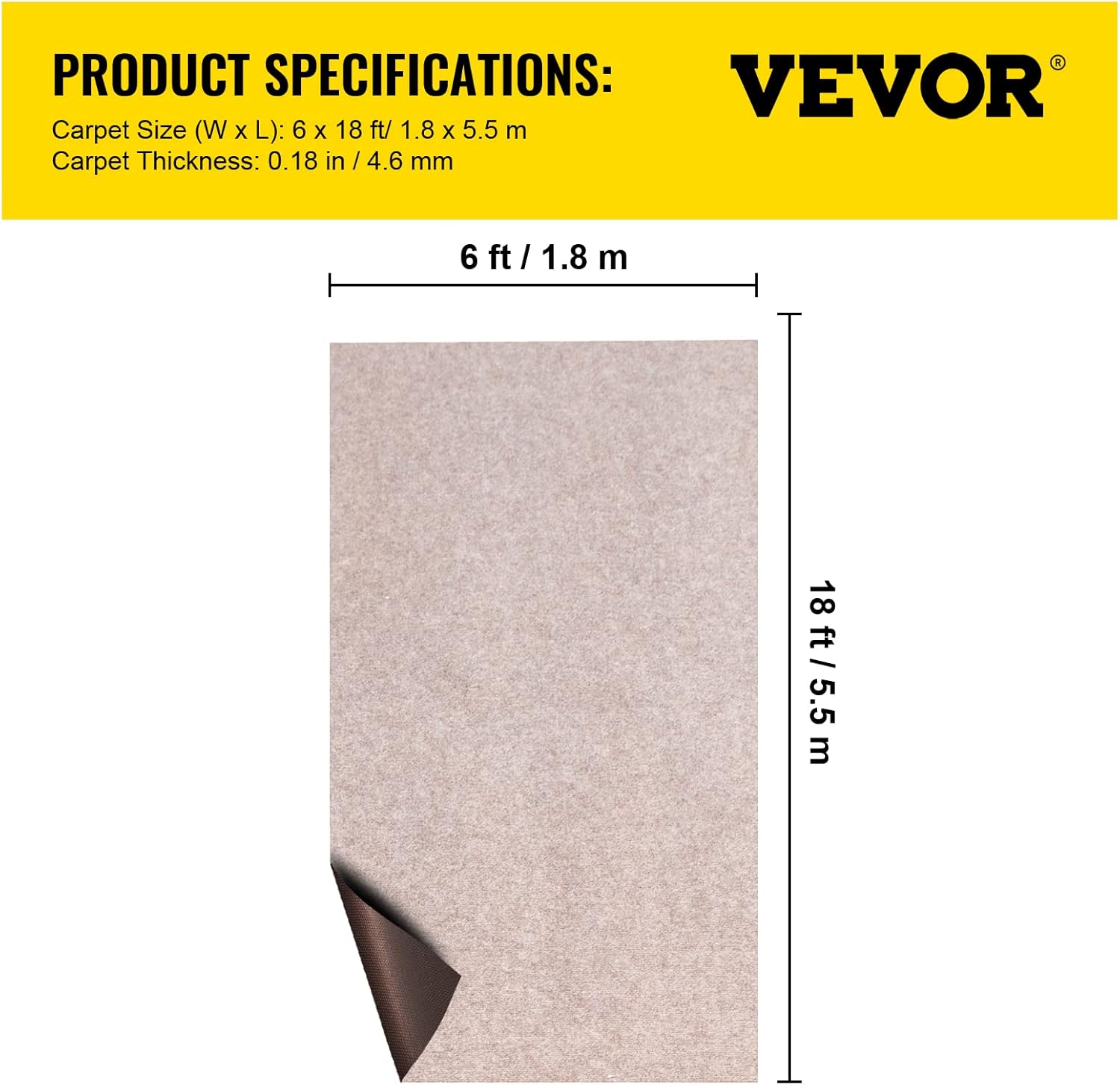 happybuy 6 ft x 18 ft brown marine carpet for boats waterproof - 0.18" thick indoor outdoor rug carpet roll for home patio porch deck 6' x 18' (rectangular) brown