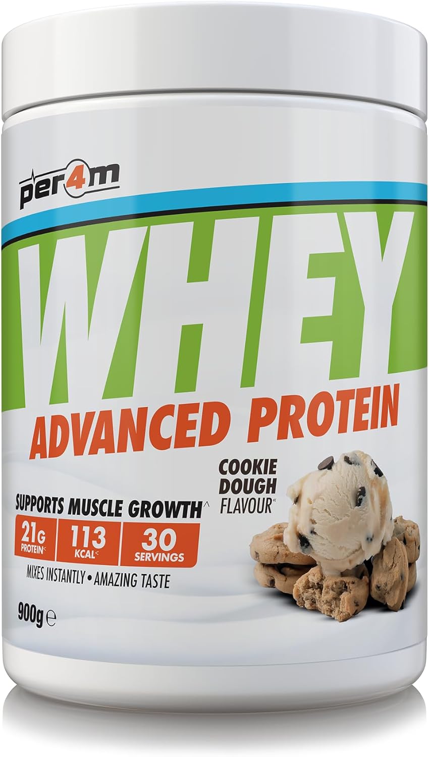 Per4m Whey Protein Powder | High Protein Shake for Muscle Growth & Recovery | Low Sugar Gym Supplement | Sports Nutrition Drink + Amino Acids (900g, Cookie Dough)
