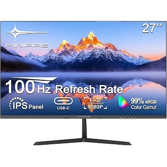 Minifire USB-C Monitor 27 Inch Screen in Frameless Design, IPS, 100Hz, FHD (1080P), sRGB110%, 300 Nits, FreeSync, Eye-Care, H