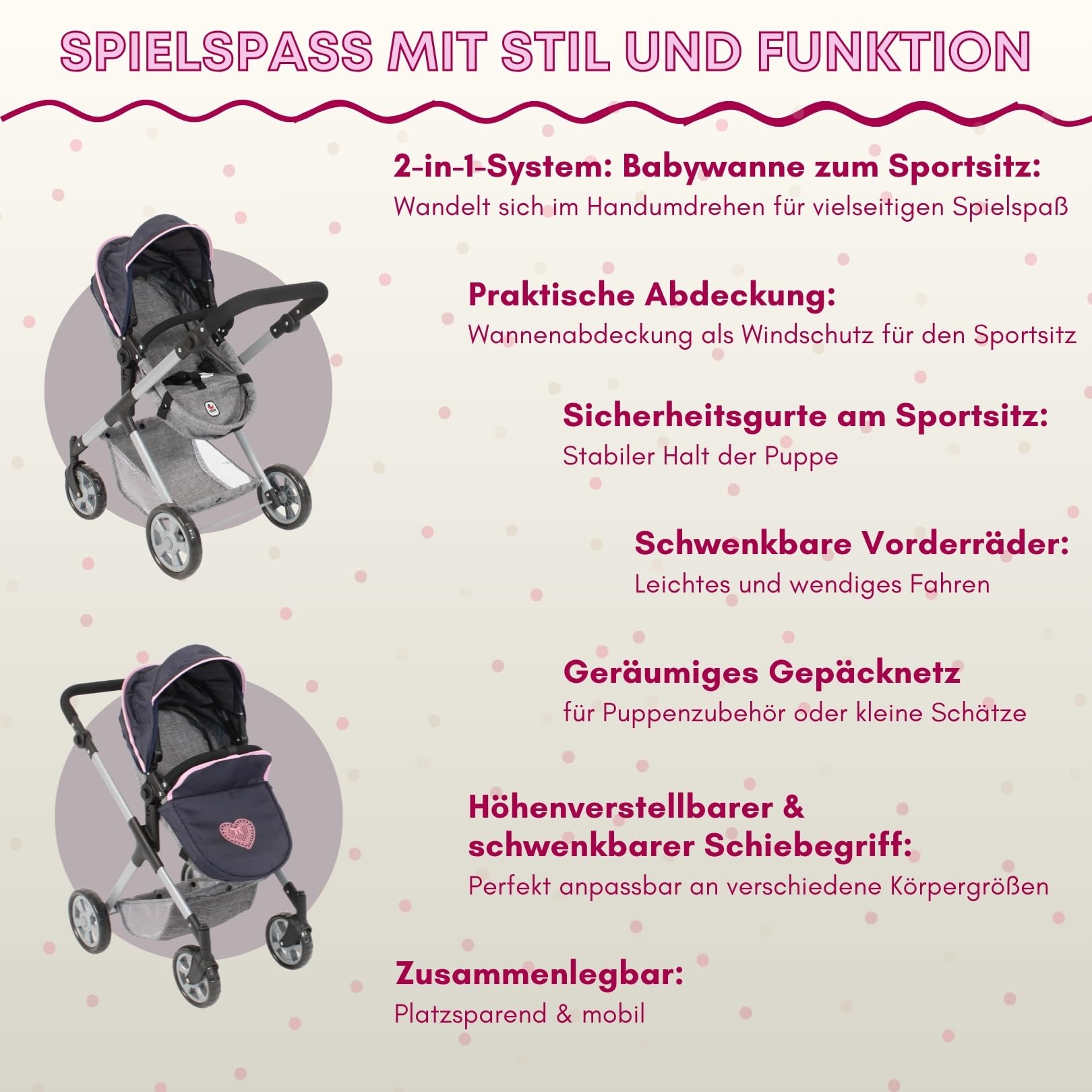 Bayer Chic 2000 Puppenwagen Mila | 2in1 Kombi-Buggy Melange Grau | Edler 2in1 Kombi-Puppenwagen mit wendbarem Sportsitz, Babywanne & Schwenkrädern. Melange Grau, Griff verstellbar 39-72 cm.