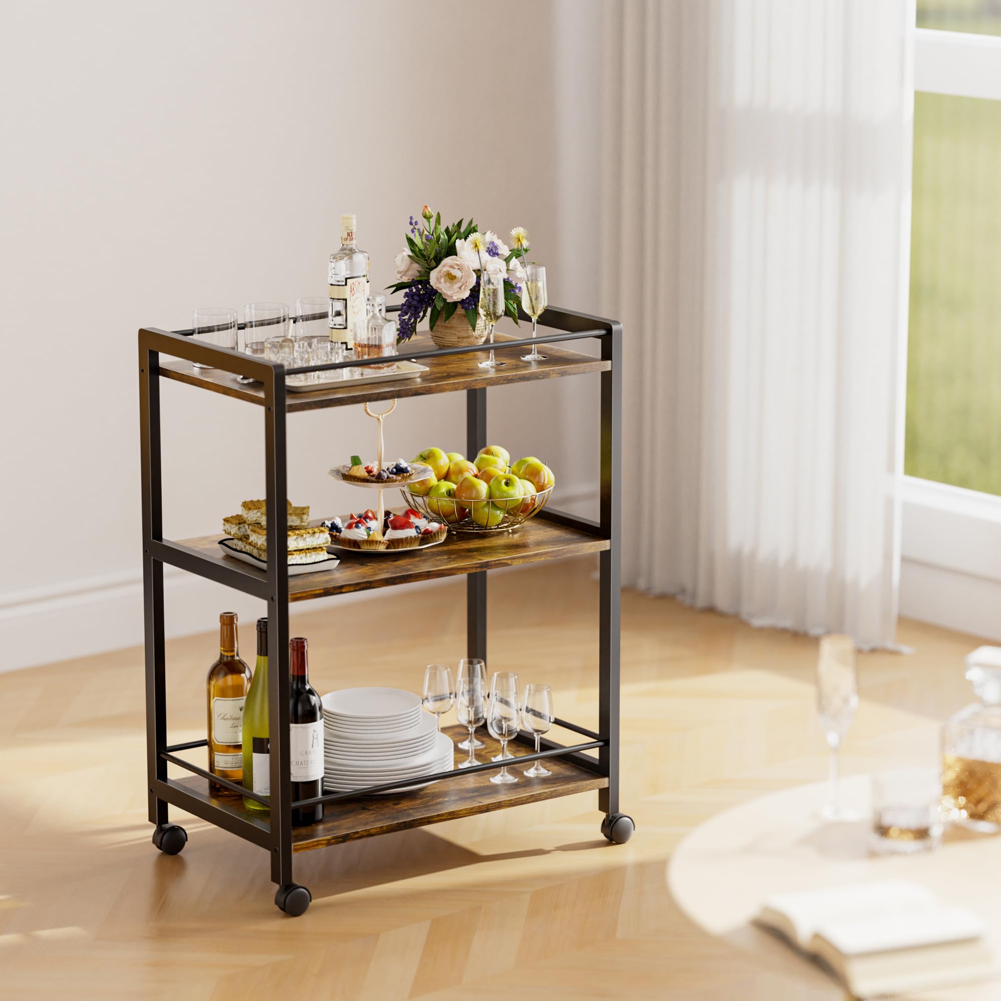 HITNET Carrello da bar, Carrello Mobile per Bevande a 3 Livelli, carrello da cucina con ruote e ripiani portaoggetti per soggiorno, cucina, feste, Marrone rustico e nero