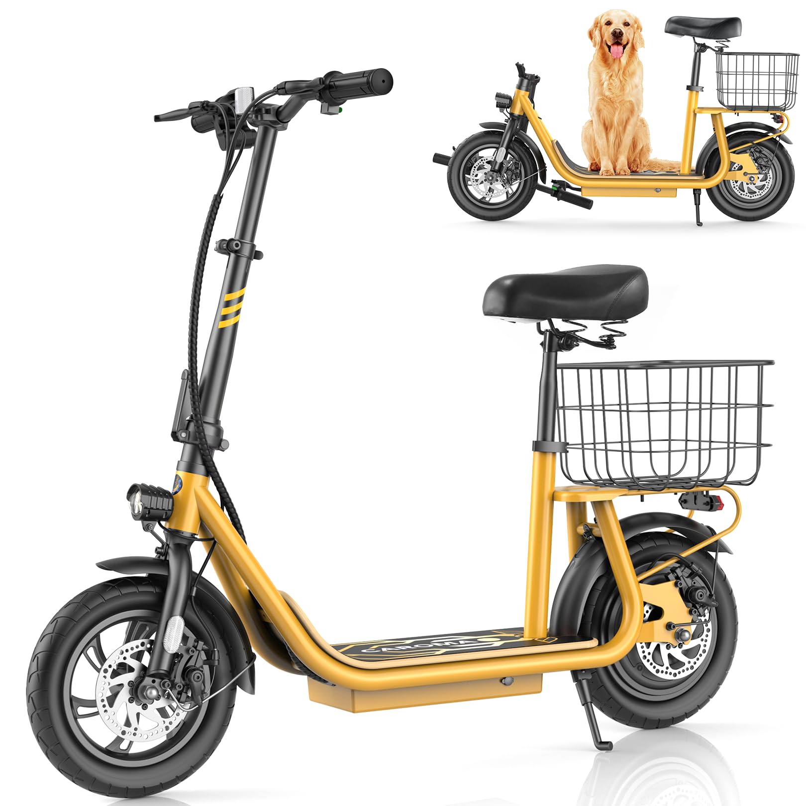 CaromaPeak 800W/1200W Electric Scooter with Seat, 48V Battery up to 30Miles&20MPH, Foldable Electric Scooter for Adults and Teens, Commuter Ebike with Basket&Adjustable Seat