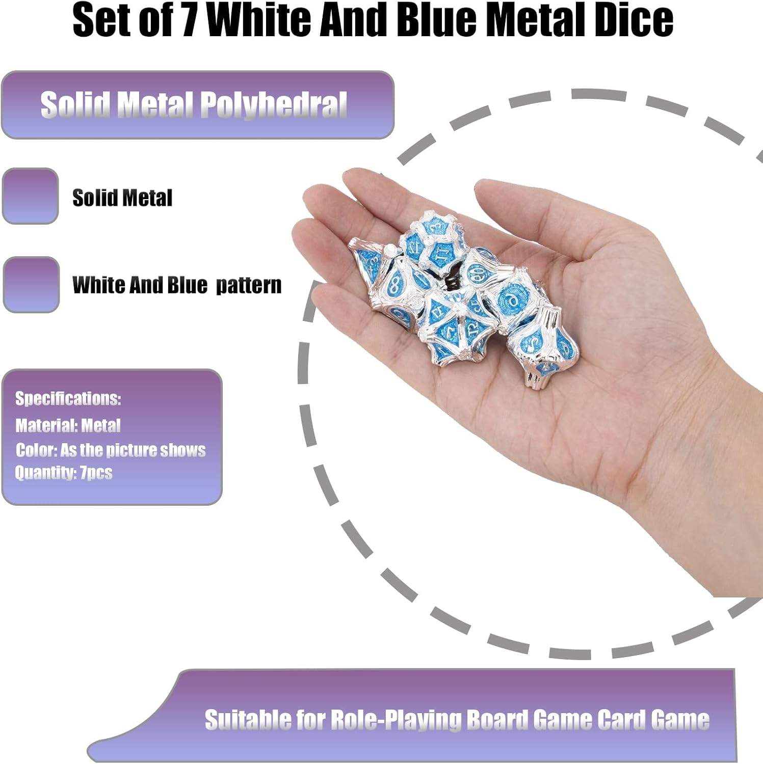 Set of 7 White and Blue Metal Dice, Solid Metal Polyhedral, Compatible with Role-Playing RPG Board Game Card Game