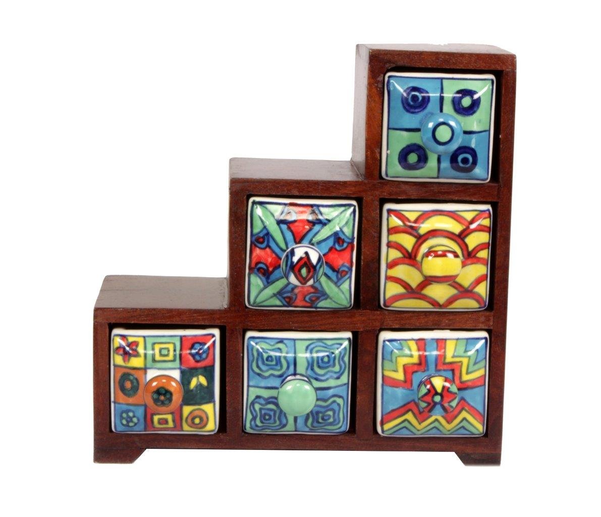 Traditional Wood & Ceramic Brown Finish 6 Drawer Step Chest 8.5Inch / 21.25Cm