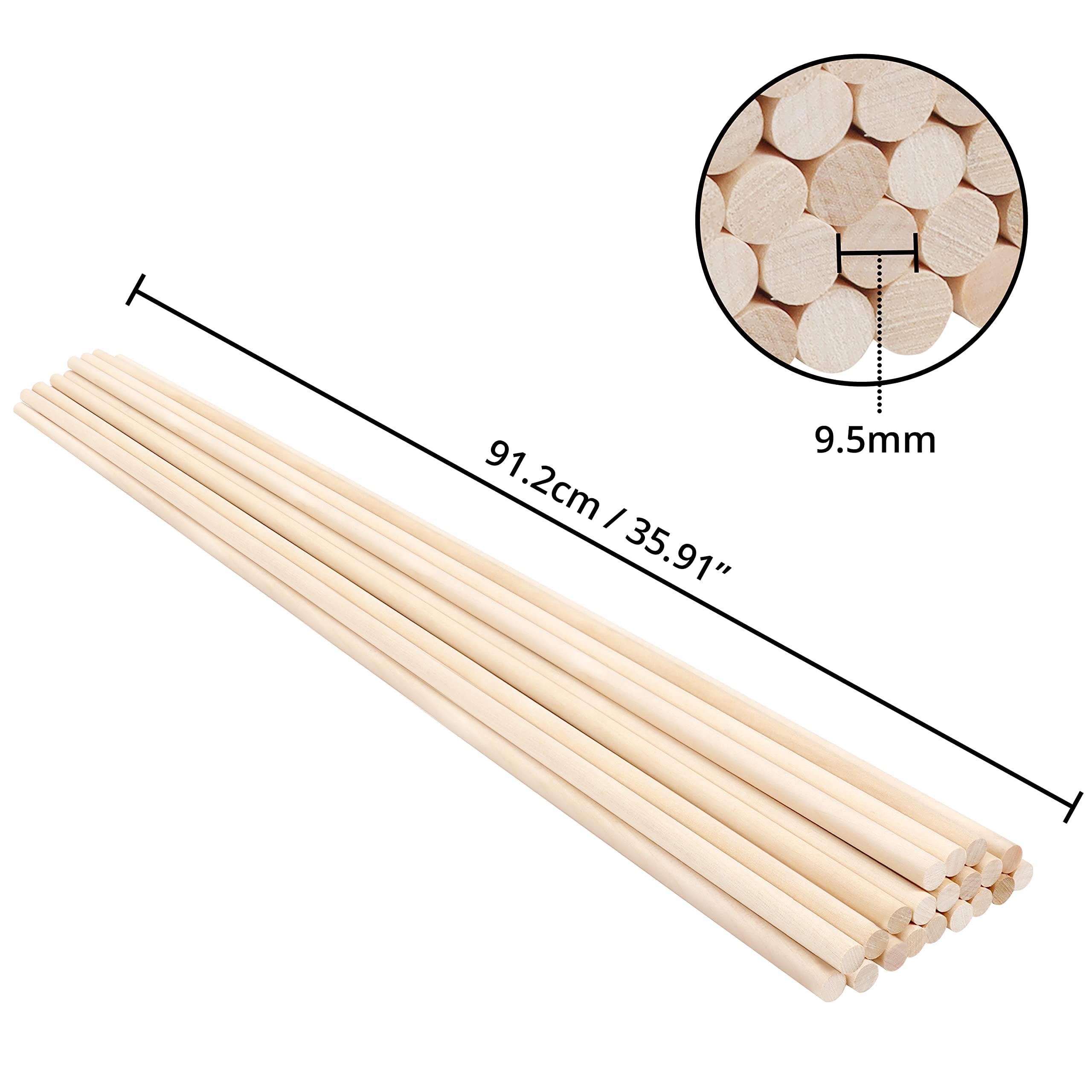 Belle Vous Palos de Madera Redonda Natural (Pack de 20) Palitos de Madera de 91,2 cm de Largo - Varas de Madera de 9,5 mm - Para Proyectos de Arte, Decoraciones y Manualidades de Madera