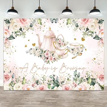 7x5ft Baby Shower Backdrop A Baby is Brewing Photography Background White Floral Pink Teapot Tea Party Theme Banner Decorations Rose Flower Green Leaf Golden Glitter Heart Photo Booth Prop