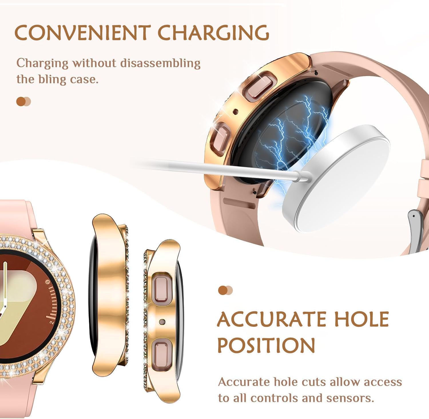 DEALELE [2-PACK] Case Compatible with Samsung Galaxy Watch 5/4 44mm, Bling Single-Row Diamond PC Protective Case Replacement Watch Cover Bumper (44mm, Gold+Transparent) — view 204