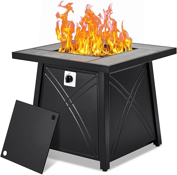28 Inch Propane Fire Pit, Outdoor Gas Fire Pits Table 50,000BTU Squre Firepits Table with Lid and Lava Rock for Yard Patio Garden Outside Party