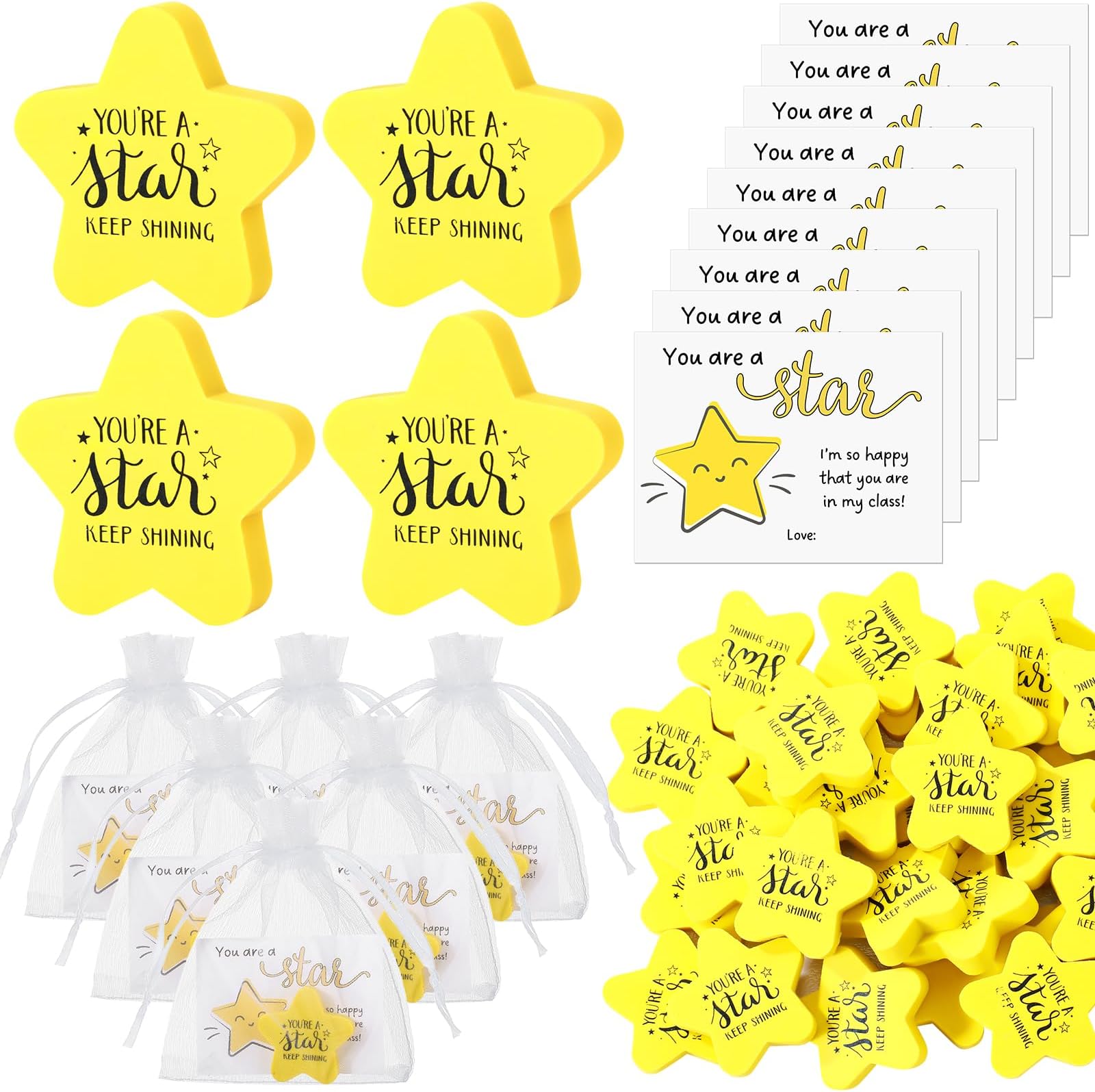 Spakon 50 Sets Inspirational Gift for Kids Star Shaped Erasers You're a Star Fun Erasers Motivational Card with Organza Bag Bulk Graduation Students Gifts from Teacher for Classroom Rewards