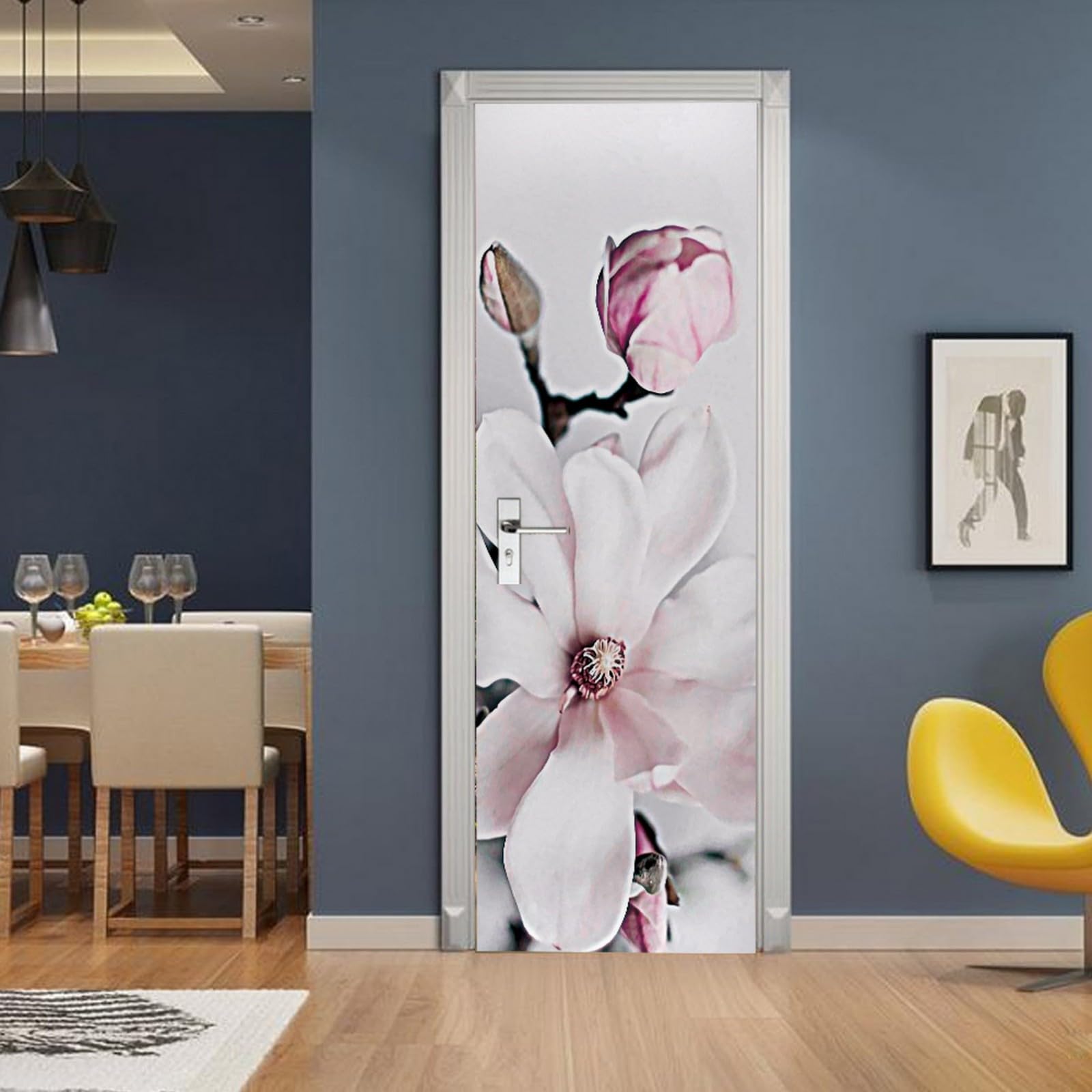 Adesivo Murale Fiori Bianchi 3D Per Porte - Pellicola Decorativa PVC 85x215cm Autoadesiva