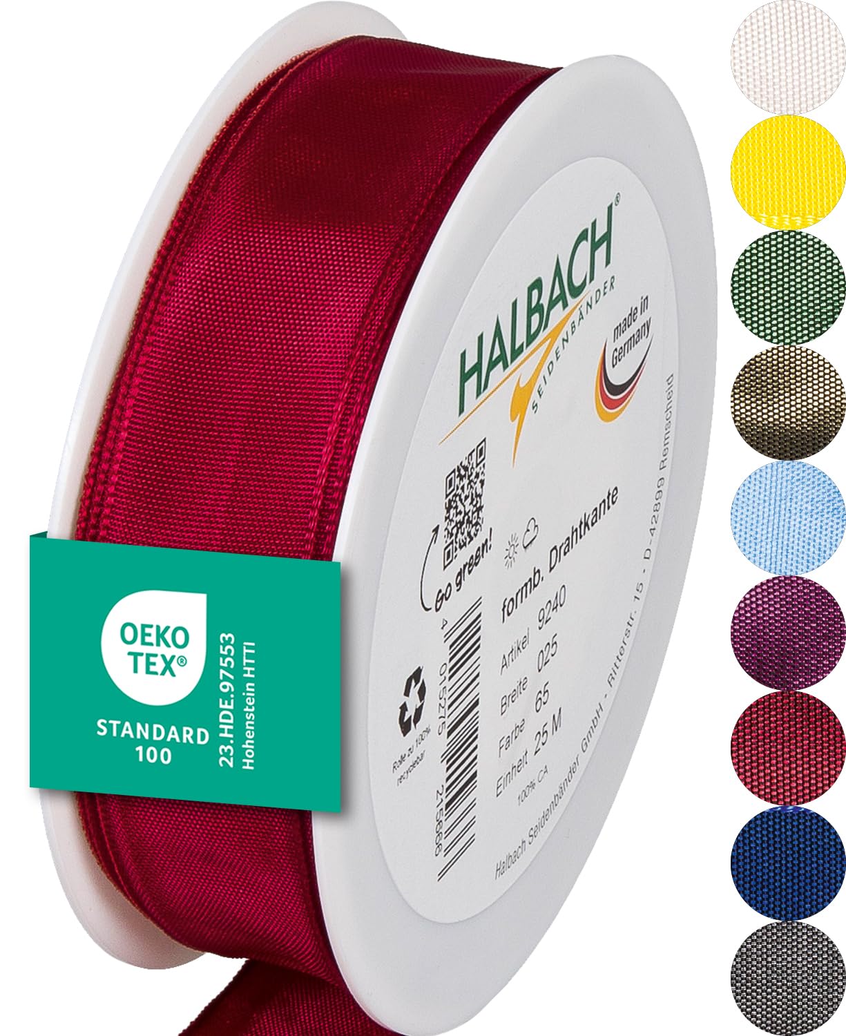 Halbach Seidenbänder Premium Geschenkband mit Drahtkante | Breite 25mm Länge 25m | Öko-Tex 100 zertifiziertes Schleifenband | Taftband Made in Germany, Farbe: weinrot