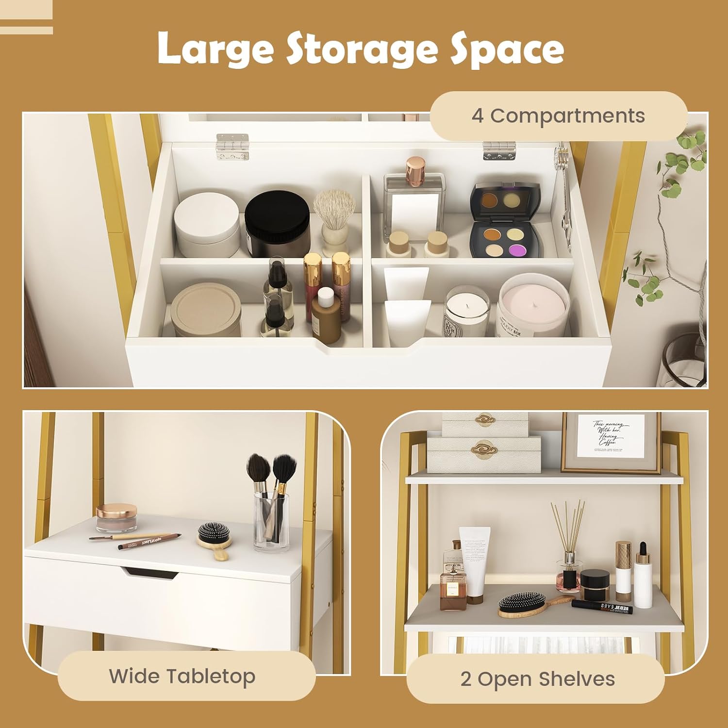 CHARMAID Ladder Vanity Desk Set - Makeup Vanity Table with Flip Top Mirror, Cushioned Stool, 4 Storage Compartments, Open Shelves, Girls Dressing Table for Small Space (White & Gold)