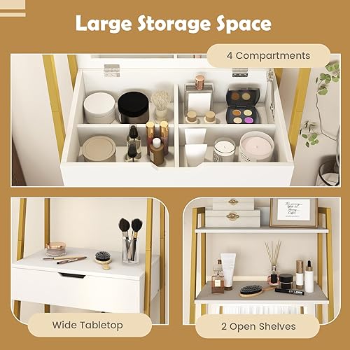 Miniatura 10 de CHARMAID Juego de escritorio de tocador de escalera  Mesa de tocador de maquillaje con espejo abatible, taburete acolchado, 4 compartimentos de