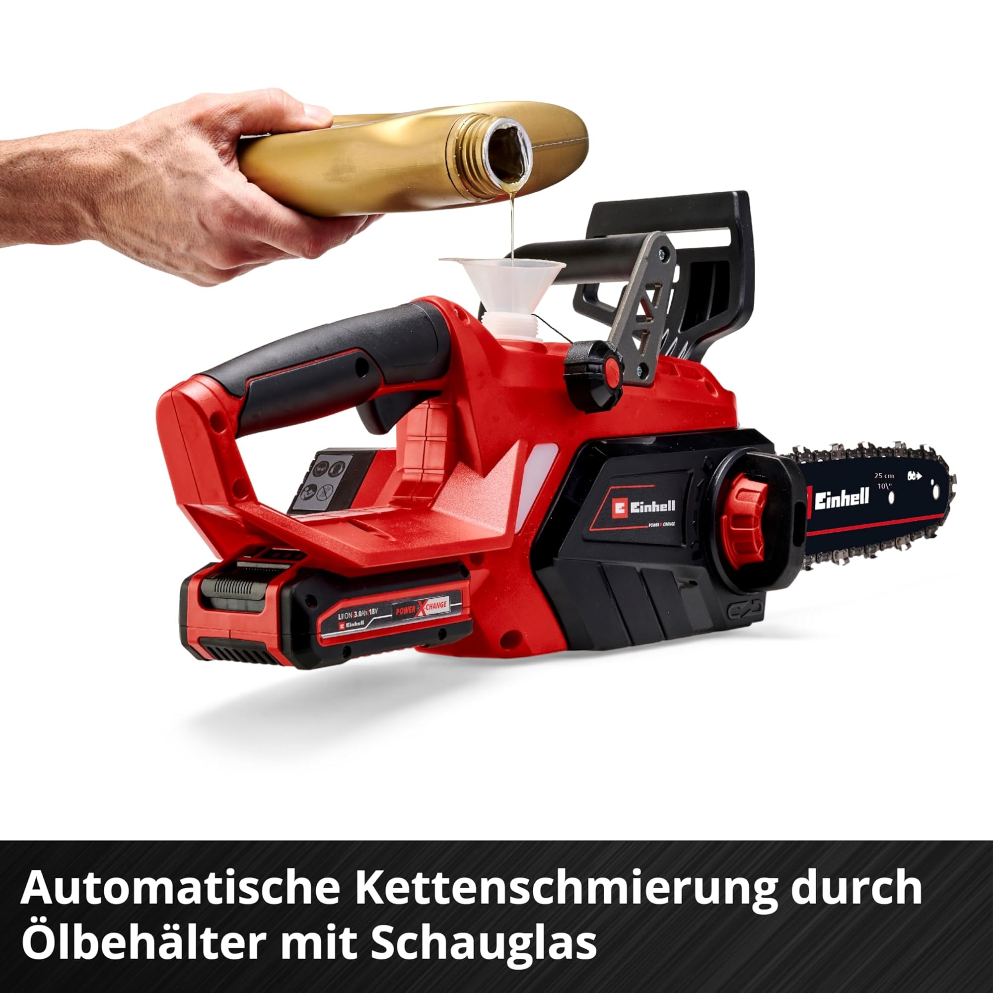 Einhell Akku-Kettensäge GE-LC 18/25 Li-Solo Power X-Change (18 V, 23 cm Schnittlänge, 4,5 m/s Kettengeschwindigkeit, autom. Kettenschmierung, werkzeuglose Kettenspannung, ohne Akku)