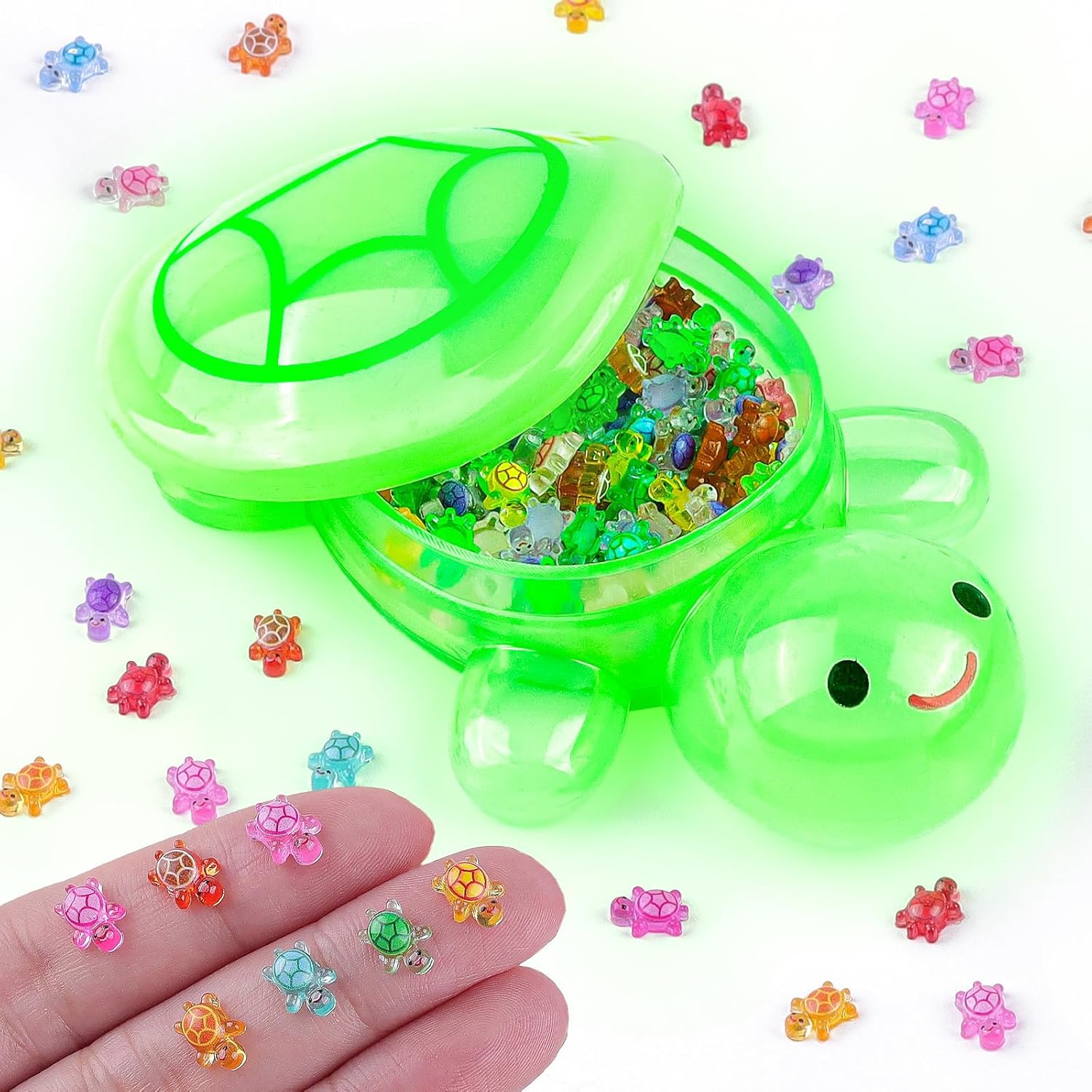 201 PCS Miniature Toys, Glow in The Dark Mini Turtles for DIY Crafts, Home Decor with Adorable Animal Toys, Including A Green Large Storage Turtle and 200 Small, Mini Decorative Items