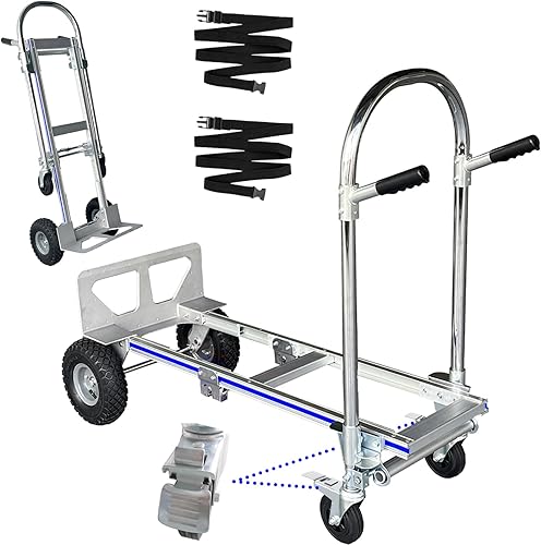 SuZhi Carrito de carro de mano de aluminio convertible, resistente, 2 en 1, plegable con 2 ruedas grandes, carga de 1000 libras para comestibles,