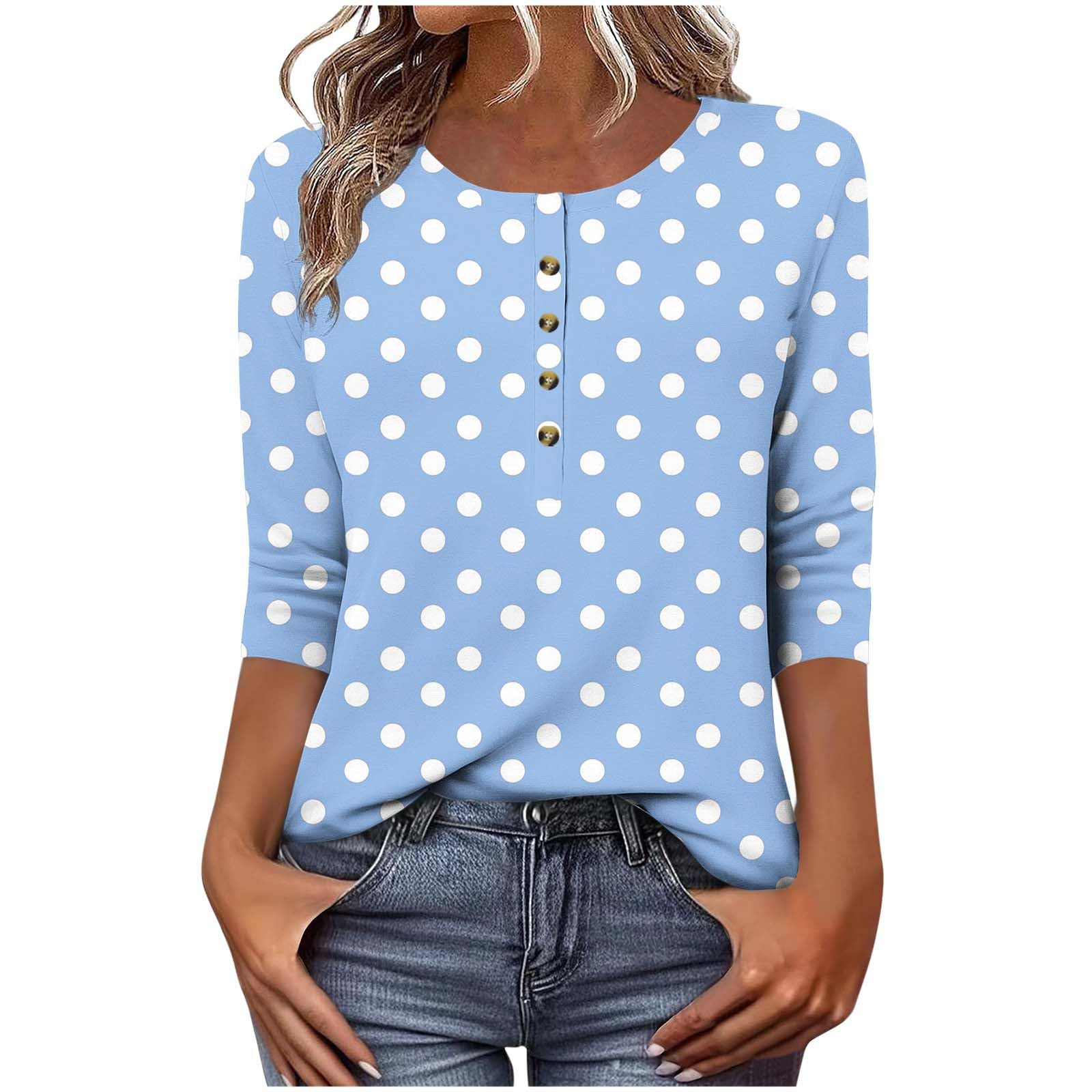 Ladies Tunic Tops 3/4 Sleeve Crew Neck Button Up Women Shirt Slim Fit Polka Dot Print 2025 Summer Top Activewear Casual Vocation Ladies Trendy Blouses Tees Tunic Thin Work Clothes Clearacne