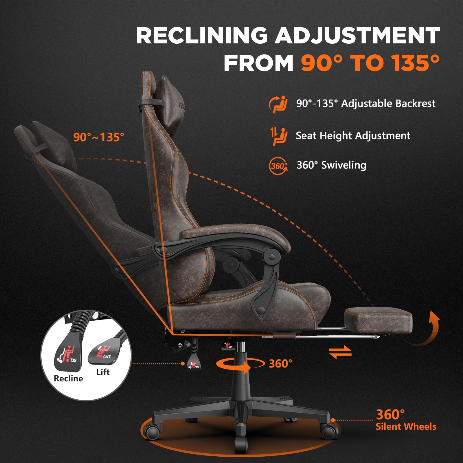 Ferghana Sedia da Gaming,Sedia Gaming Ergonomica con Regolabile Poggiapiedi,Poggiatesta,Supporto Lombare,Pelle di PU Poltrona Ufficio Regolabile,Professionale Sedia da Ufficio Gaming(Marrone)