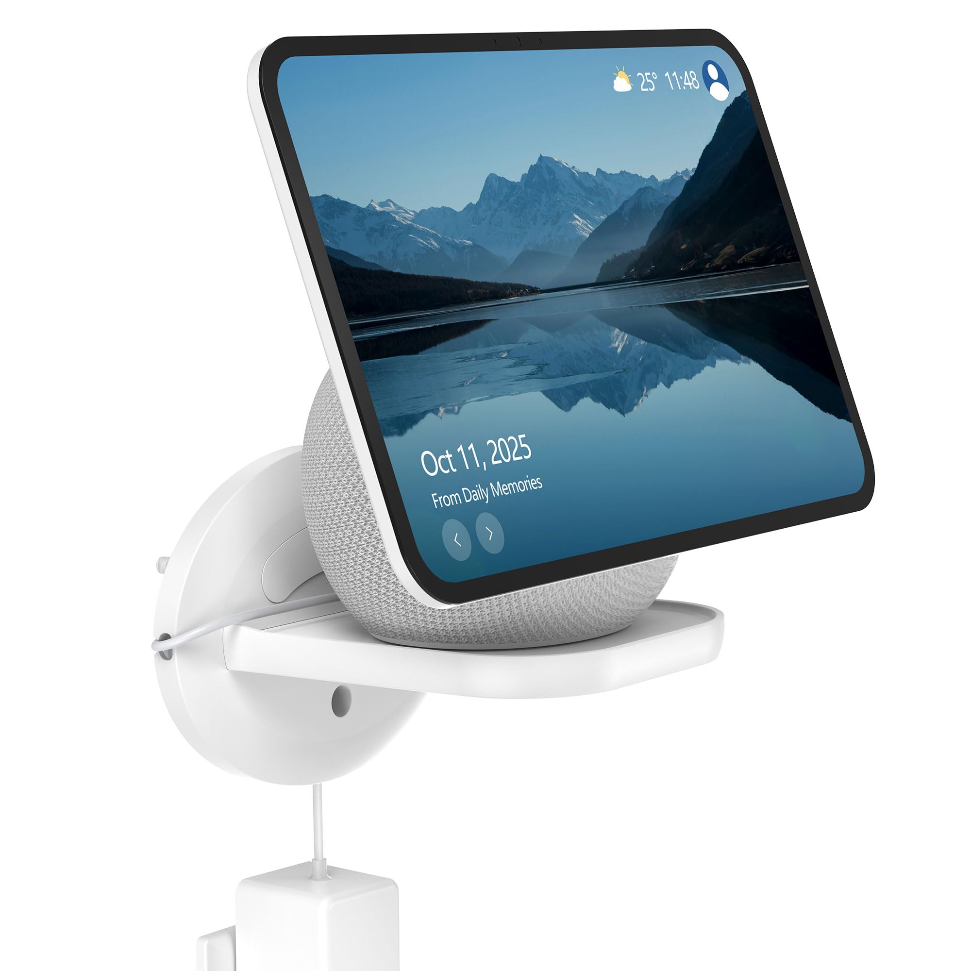 HomeMount Wall Mount for Show 11 and Dot MAX, Universal Mount for HomePod Mini, Google Nest Mini, Wi-Fi Nest Point and Cameras - Save Space with Integrated Cable Management (White - 1P)