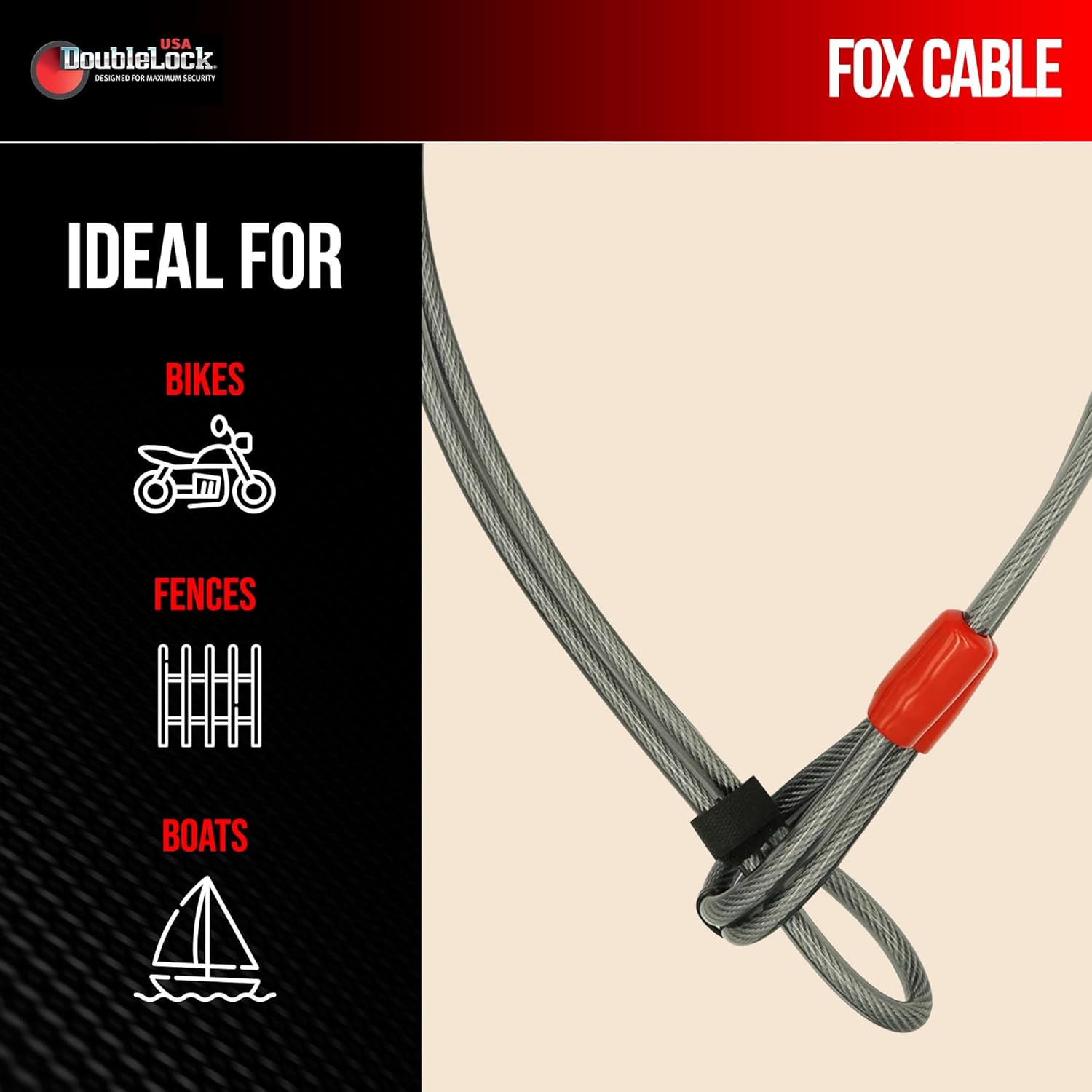 DoubleLock Red Hawk Heavy Duty Padlock with 3.9 ft 10mm Braided Steel Security Cable 8 Pin Cylinder .50in Hardened Shackle with 5 Laser Cut Keys for Trailers Gates Equipment