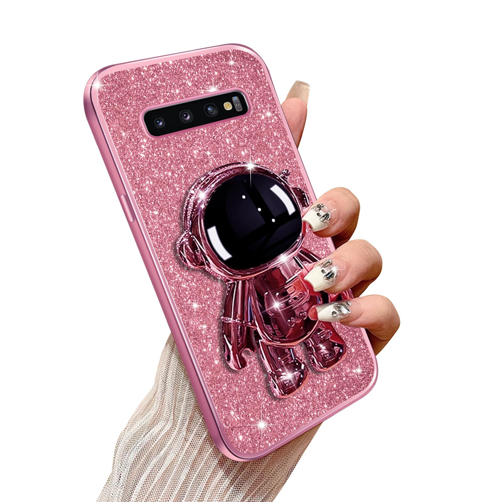 Phone Case for Galaxy S10 Plus with Astronaut Kickstand & Lanyard Soft TPU Bling Shockproof Protection Cover for Samsung Galaxy S10 Plus Case, Rose Gold