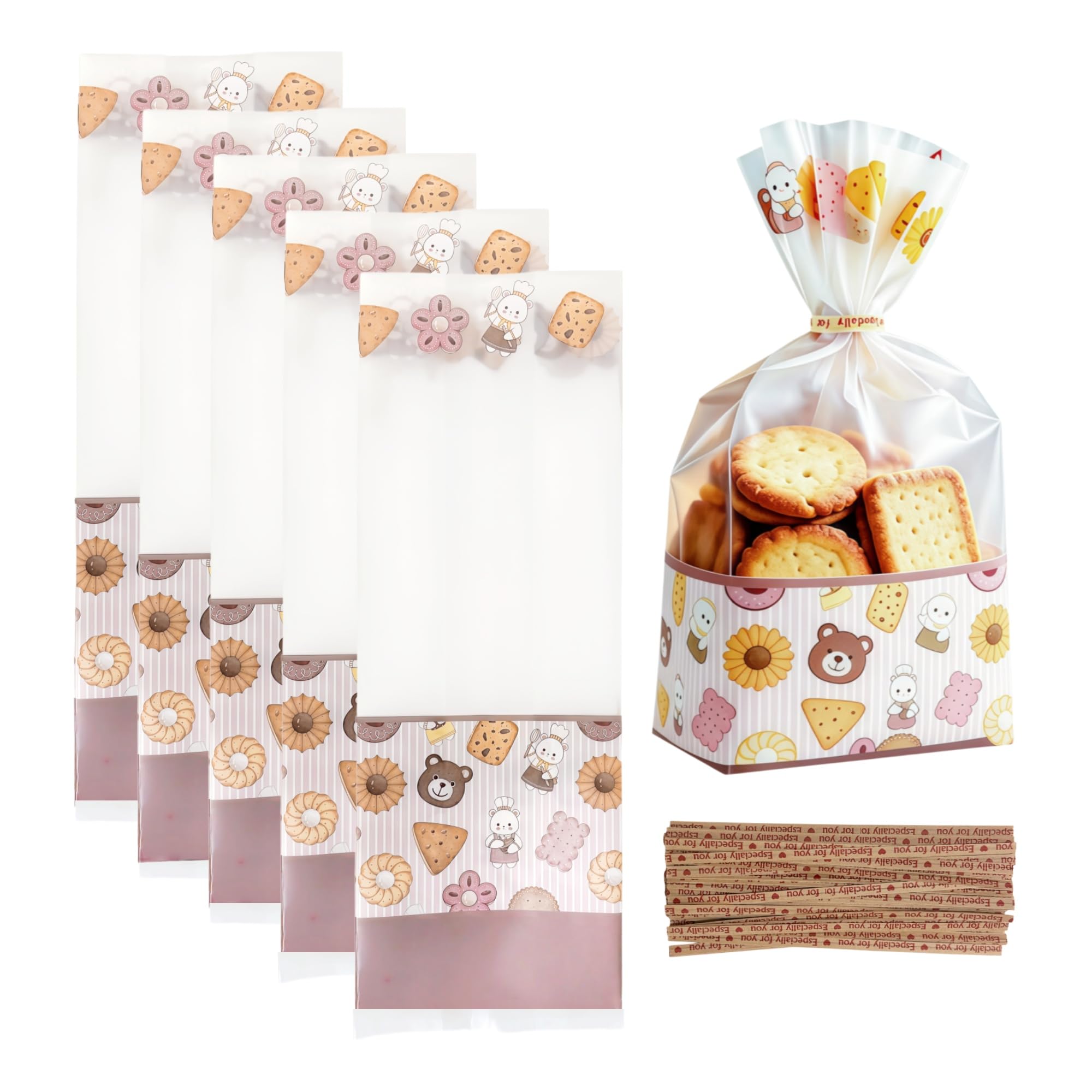WACCOMT Pack 50pcs Small Clear Cartoon Cellophane Gift Bags with Twist Ties