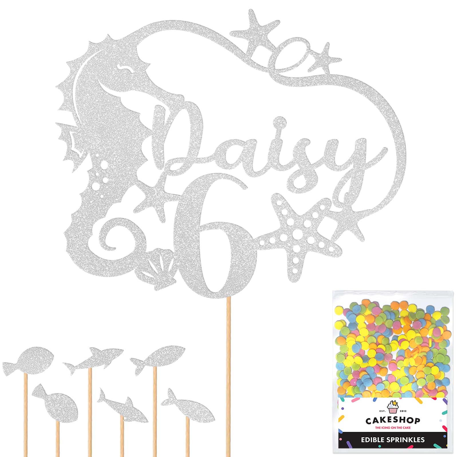 Personalised Birthday Seahorse Glitter Cake Topper- Light Silver Any Custom Age & Name Glitter Cake Decoration and Sprinkles - Happy Birthday Decorations - Personalised Toppers for Cakes by Cakeshop — image 1