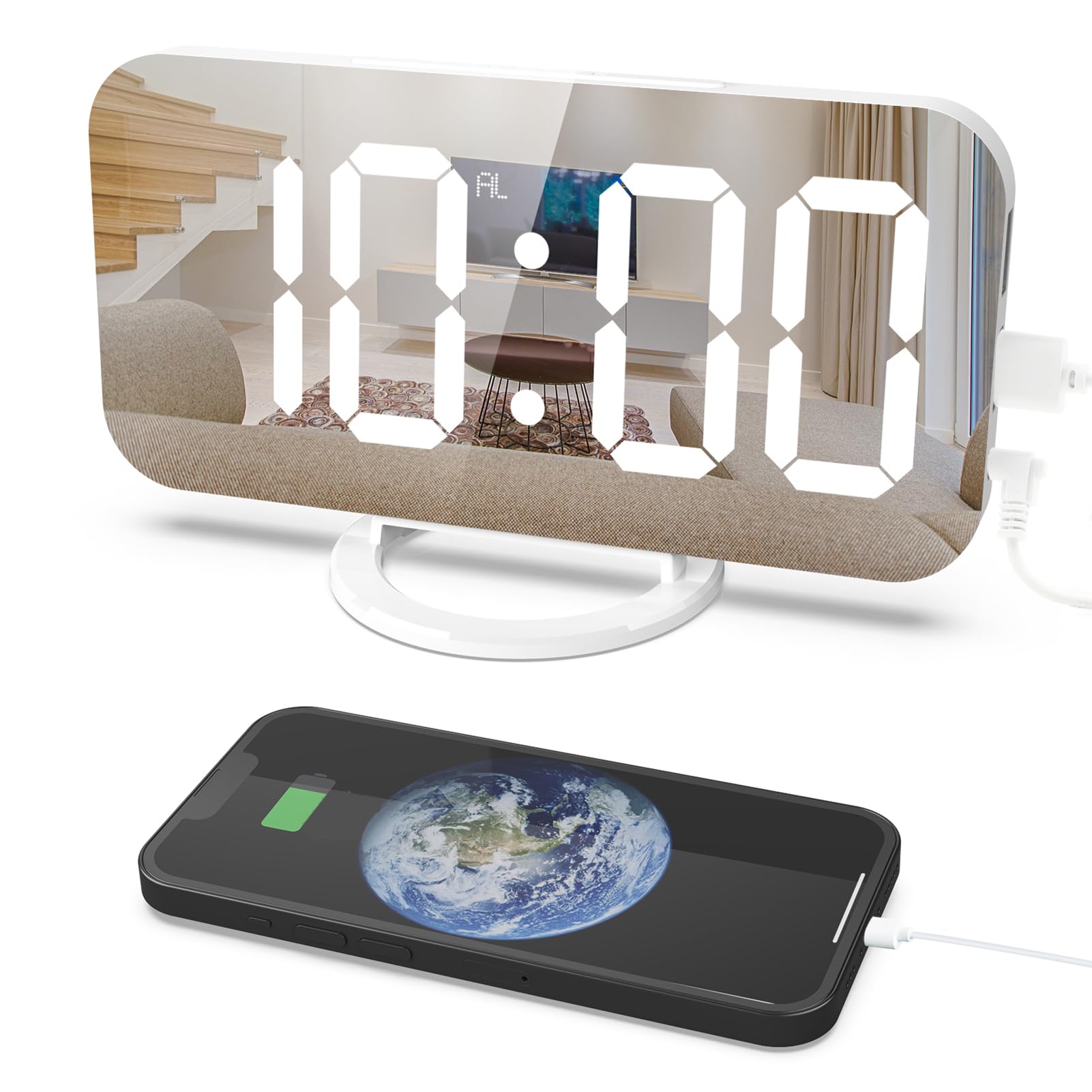 Sveglia Digitale A Specchio ThreeH Con LED | Funzione Snooze, Display Temperatura, Luminosità Regolabile, Alimentazione USB/batteria (Bianco)