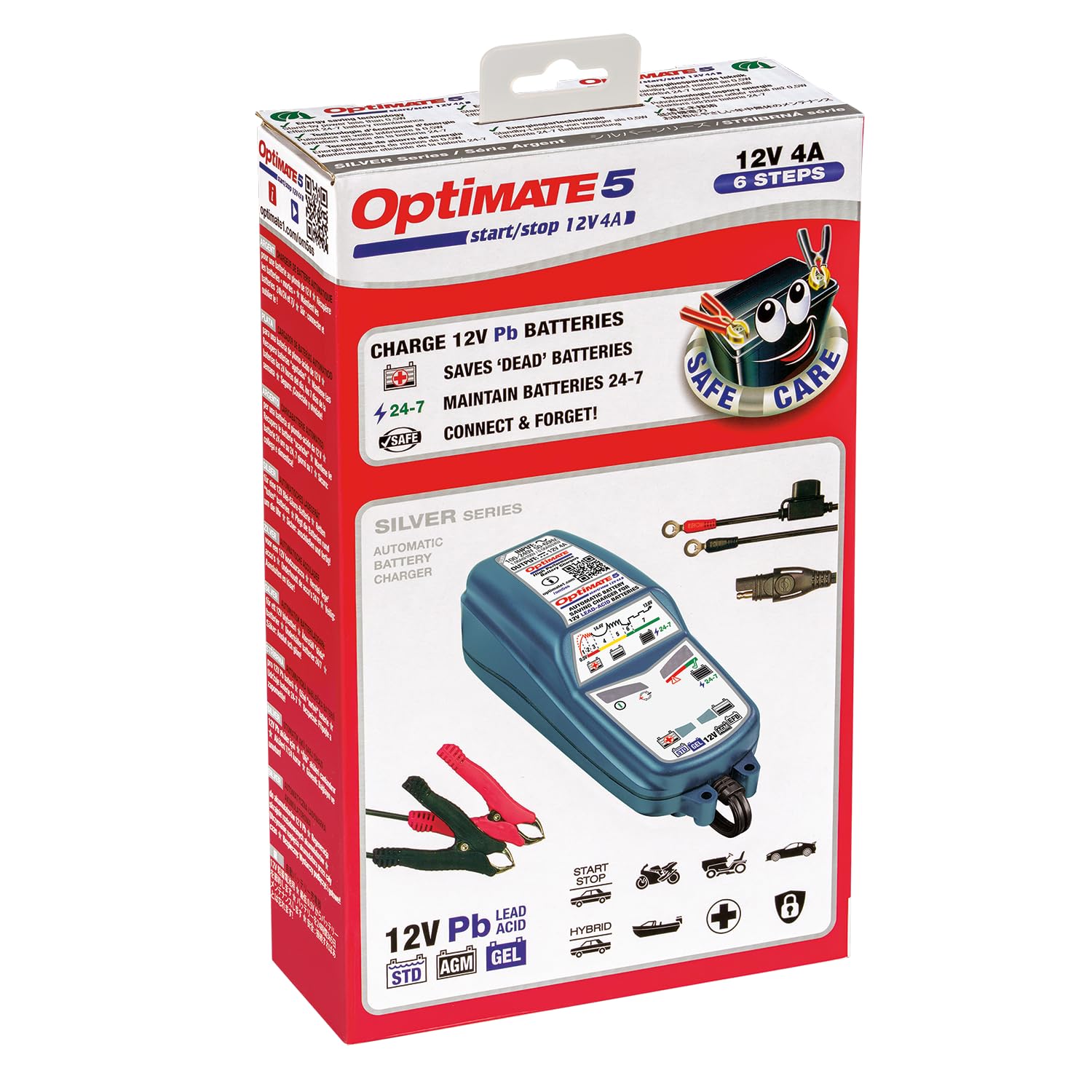 Optimate 5 Start/Stop 12V 4A Caricabatterie automatico e di mantenimento per batterie AGM, Gel, EFB & STD, 7 livelli, avvio da 0,5 V