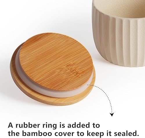 Miniatura 4 de Recipiente de sal con tapa de bambú, cuencos de cerámica de gran capacidad de 14 onzas, caja de pimienta, recipiente de condimentos de esmalte