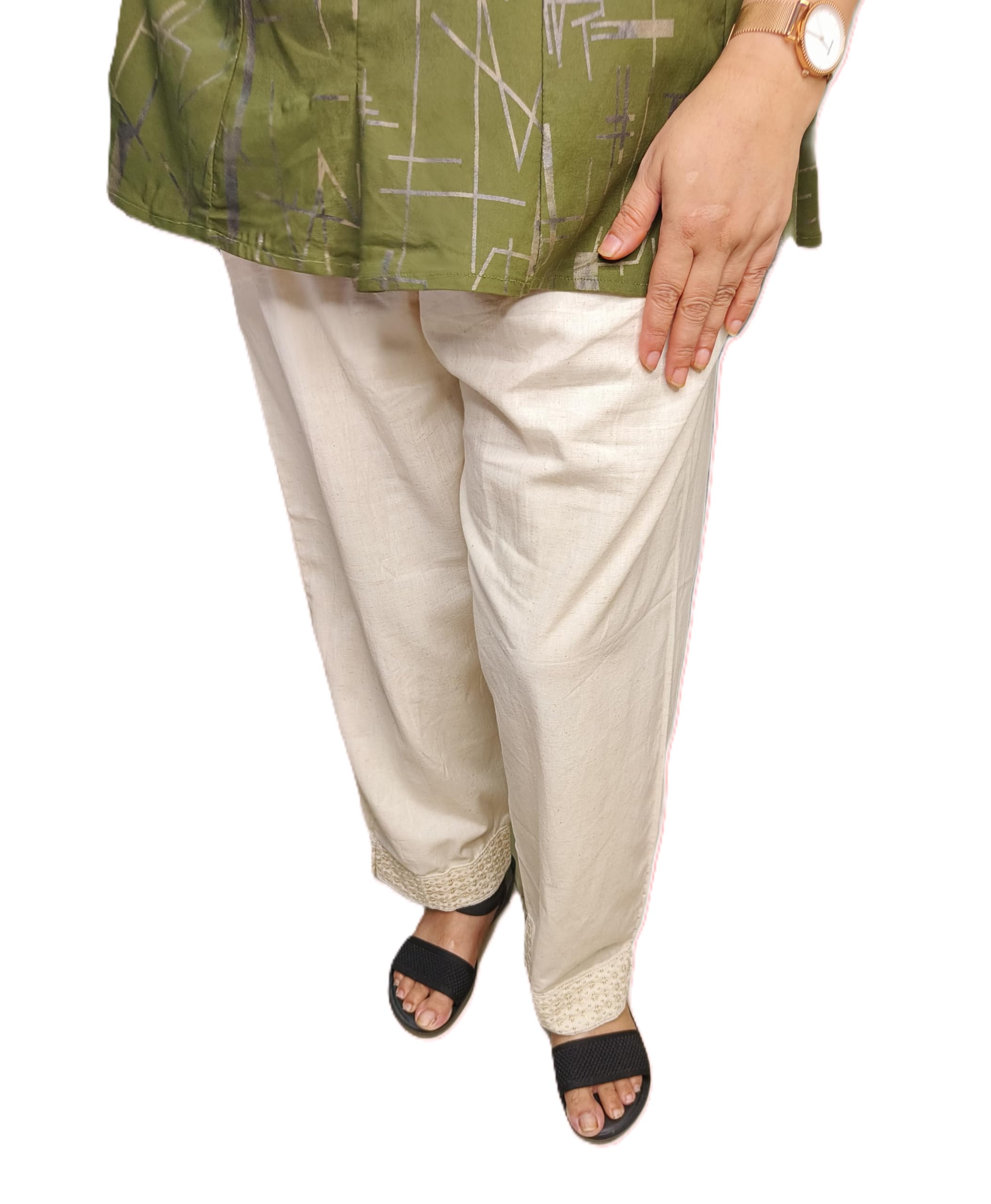 s4m Women's Cotton Khadi Lace Pants, High Rise, Cream, Elastic Waistband with Drawstring, 2 Pockets, Casual Wear-picture-26