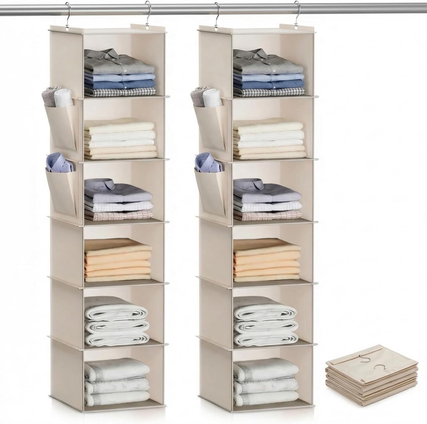 6-Shelf Hanging Closet Storage, Strong Frame Closet Organizer with Side Pockets for Clothes and Accessories, Closet Organizers and Storage Solution (2 Pack Hanging Closet Storage)