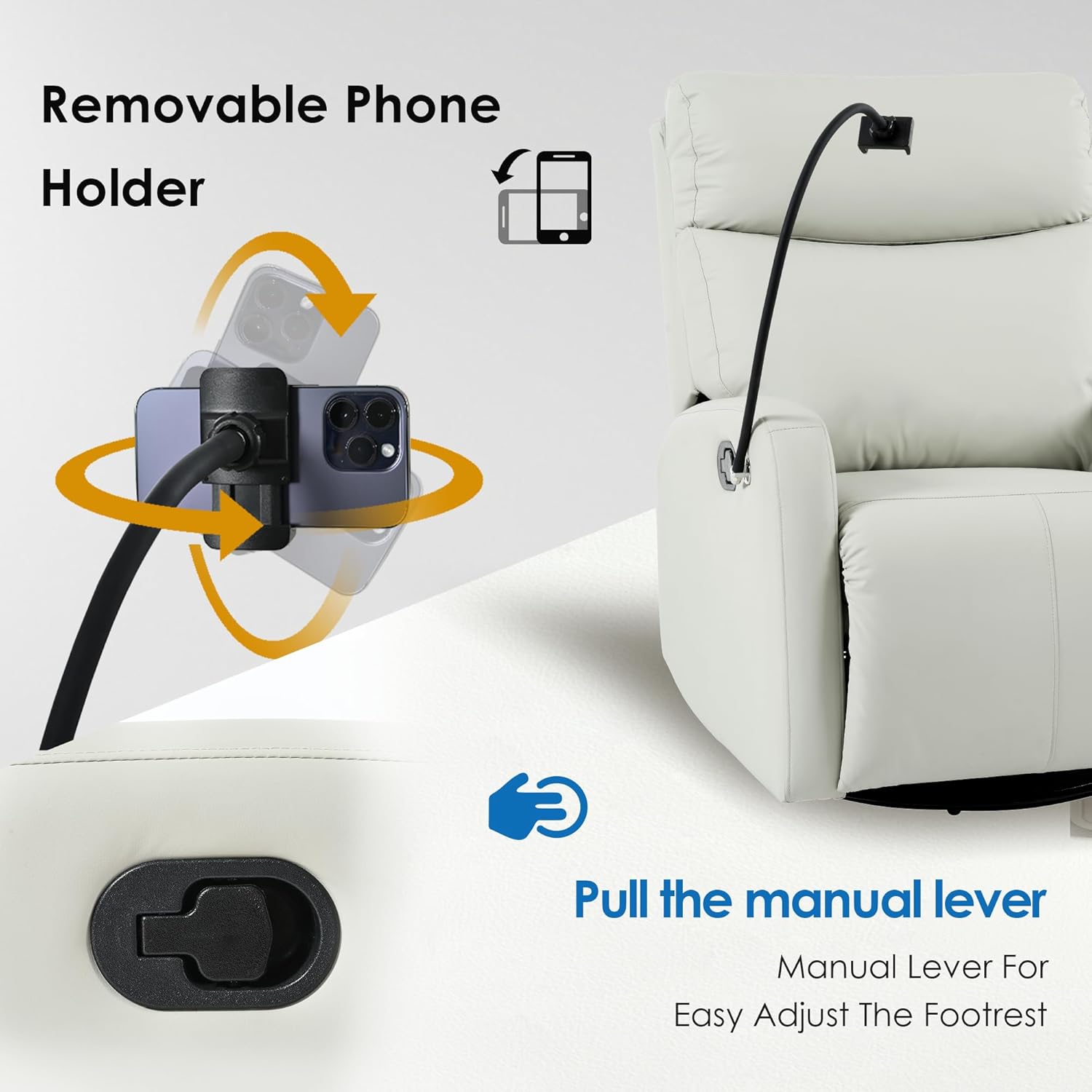 Swivel Rocker Recliner,Nursery Glider Recliner,Upholstered Rocking Recliner Chair with Phone Holder, PU Rocking Reclining Sofa for Living Room, Gray (360°Swivel)