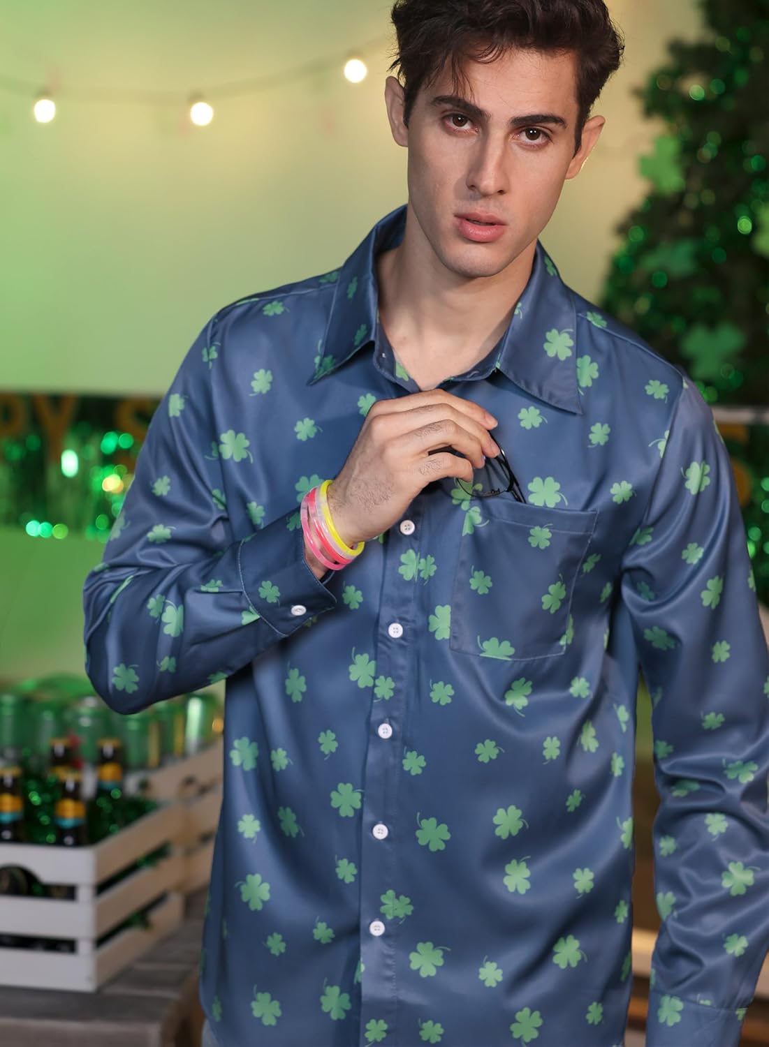 Arvilhill Mens St Patrick's Button Shamrock Clover Printed Long Sleeve Shirt (S-3XL) - Image 5