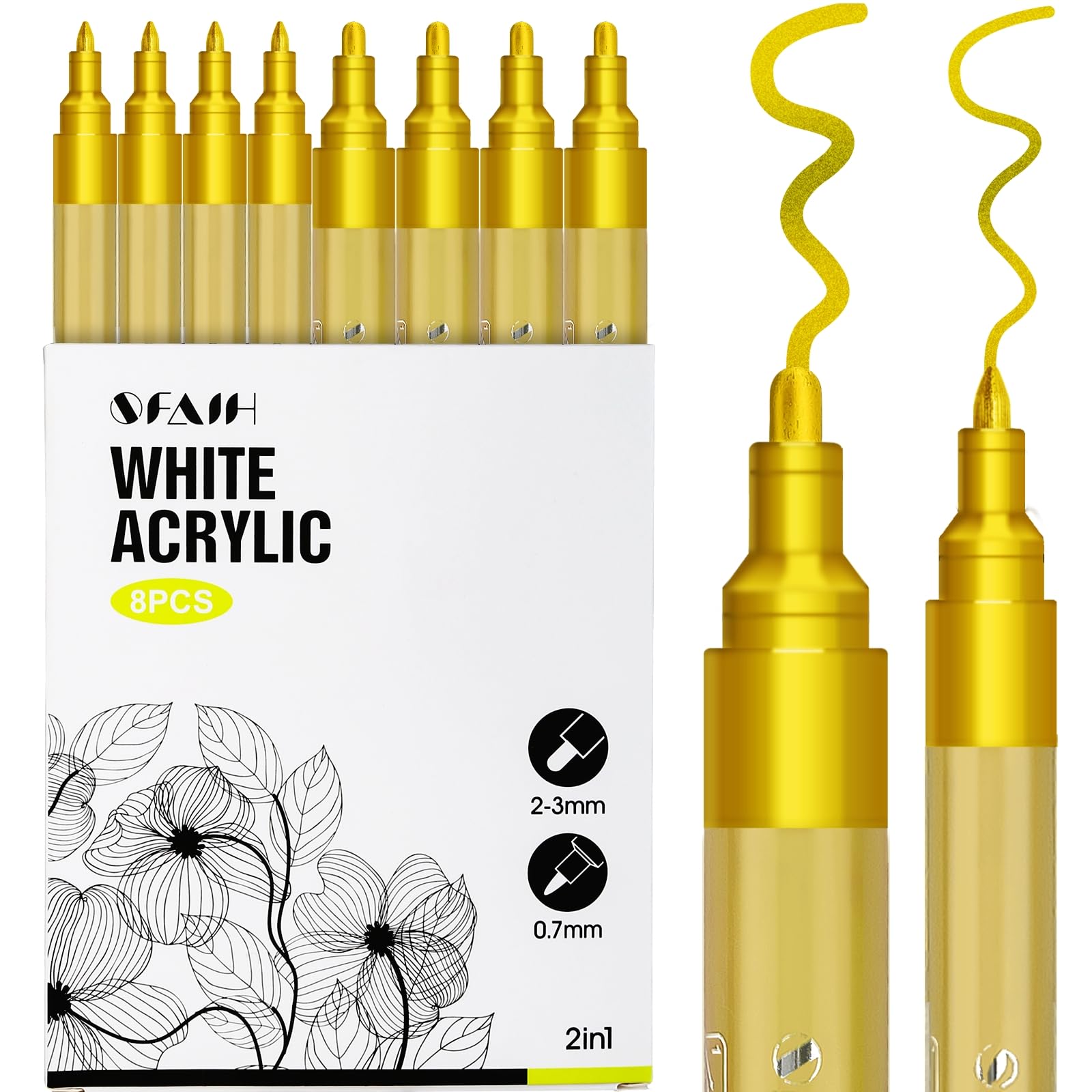 SFAIH Acrylic Gold Paint Pens - 8 Pack 2-3MM Medium Tip & 0.7MM Extra Fine Gold Markers Permanent for Rock, Wood, Metal, Fabric, Plastic, Glass, Ceramic, Diy Crafts, Large Ink Capacity, High Coverage