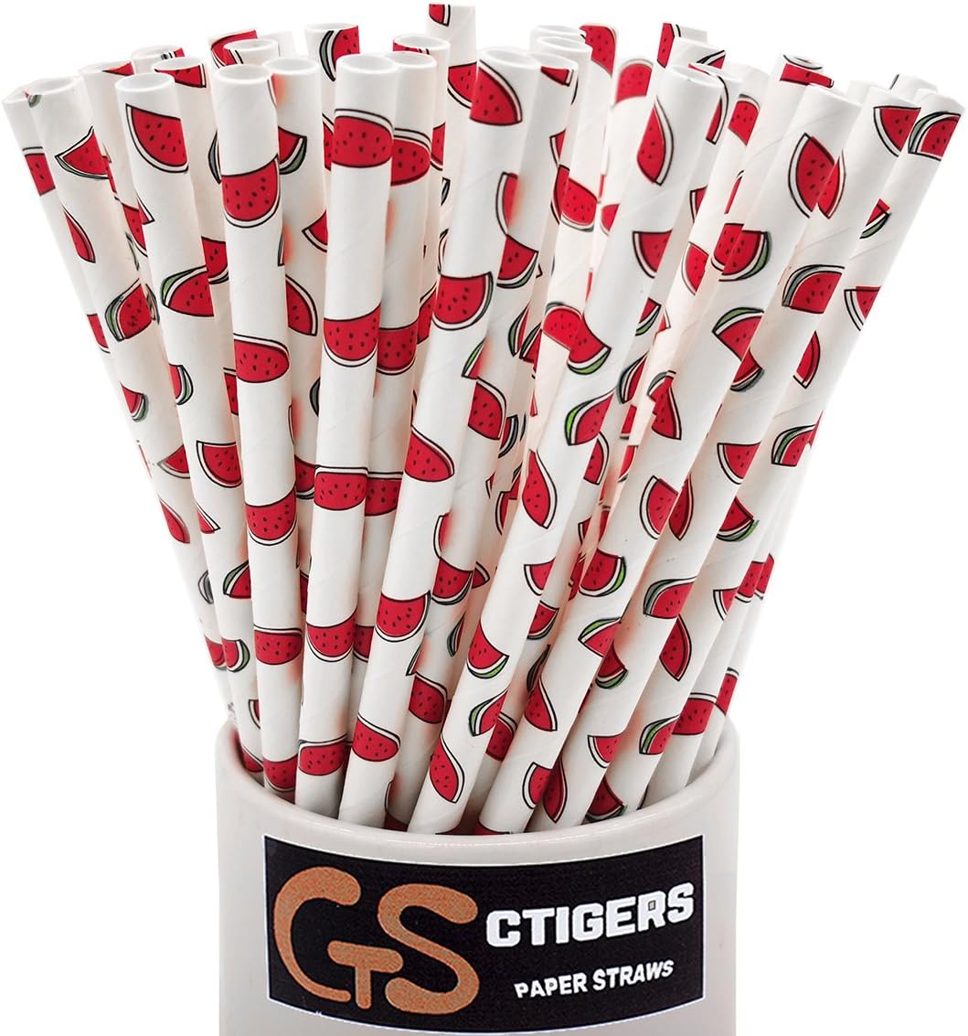 Cute Watermelon Patterns Paper Straws Summer Fruit Style Biodegradable Drinking Straws Box of 100