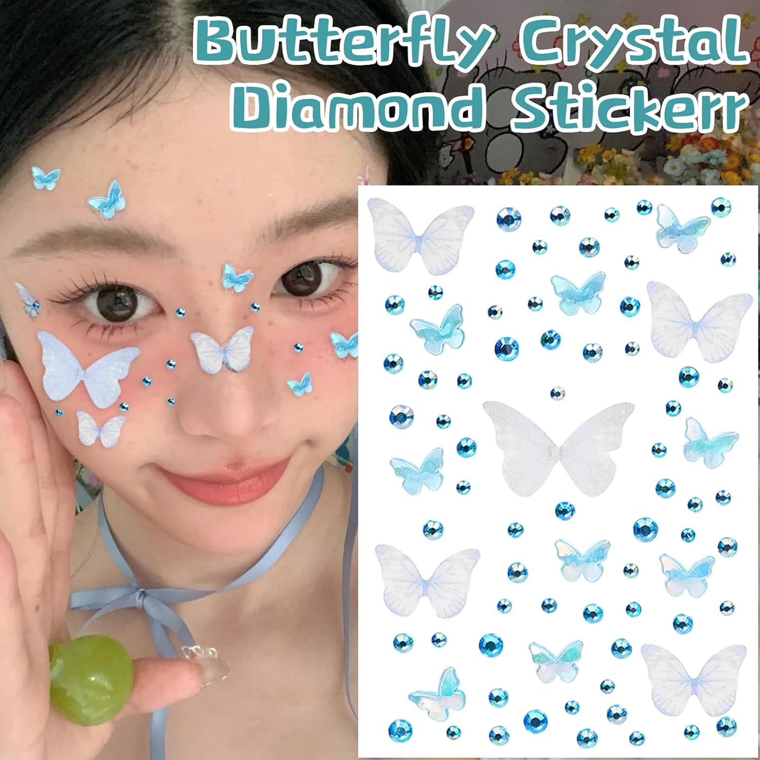 Butterfly Face Gems for Girls – 150PCS +Summer Glitter Face Jewels, Self-Adhesive Rhinestones for Eyes, Cheeks, Body Nail– Festival, Rave, Cosplay, Birthday Party, Makeup Decoration (Blue)